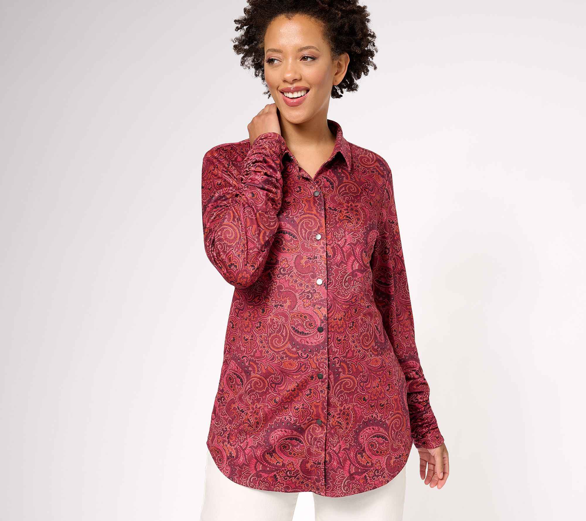 Susan Graver Petite Printed Faux Suede Knit Long-Sleeve Shirt