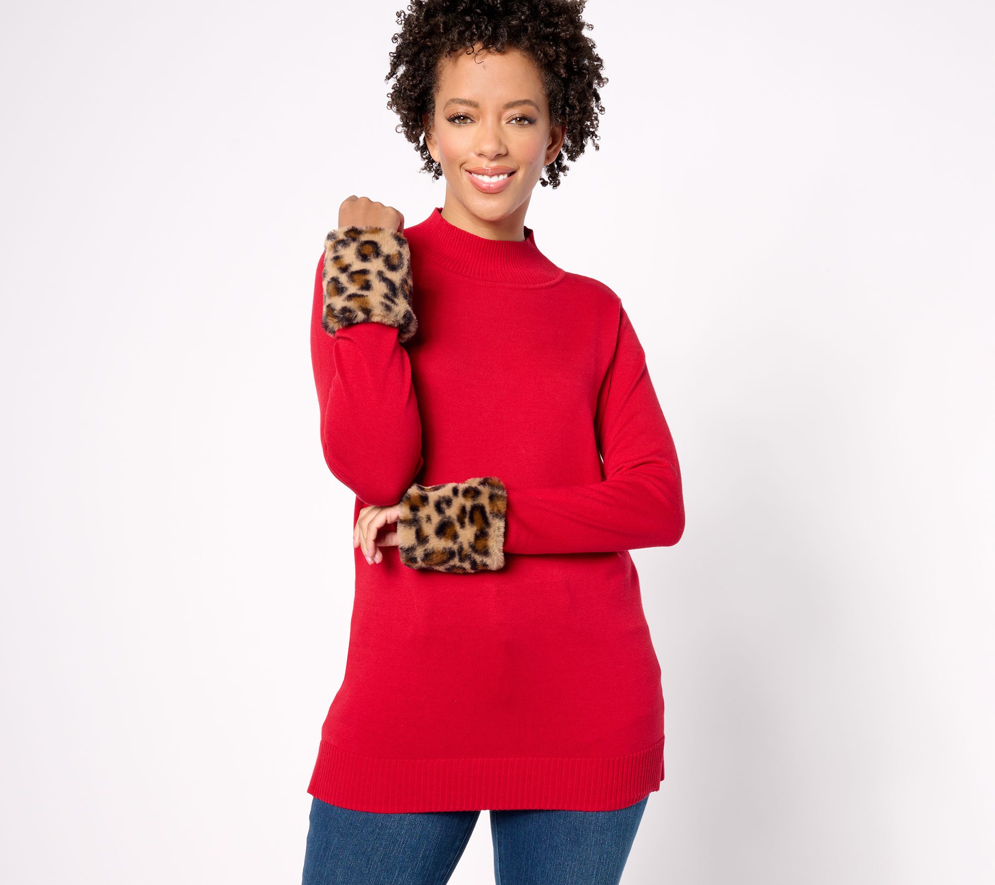 Jingle Belles by Kim Gravel Animal Faux Fur Trim Mock Neck Sweater