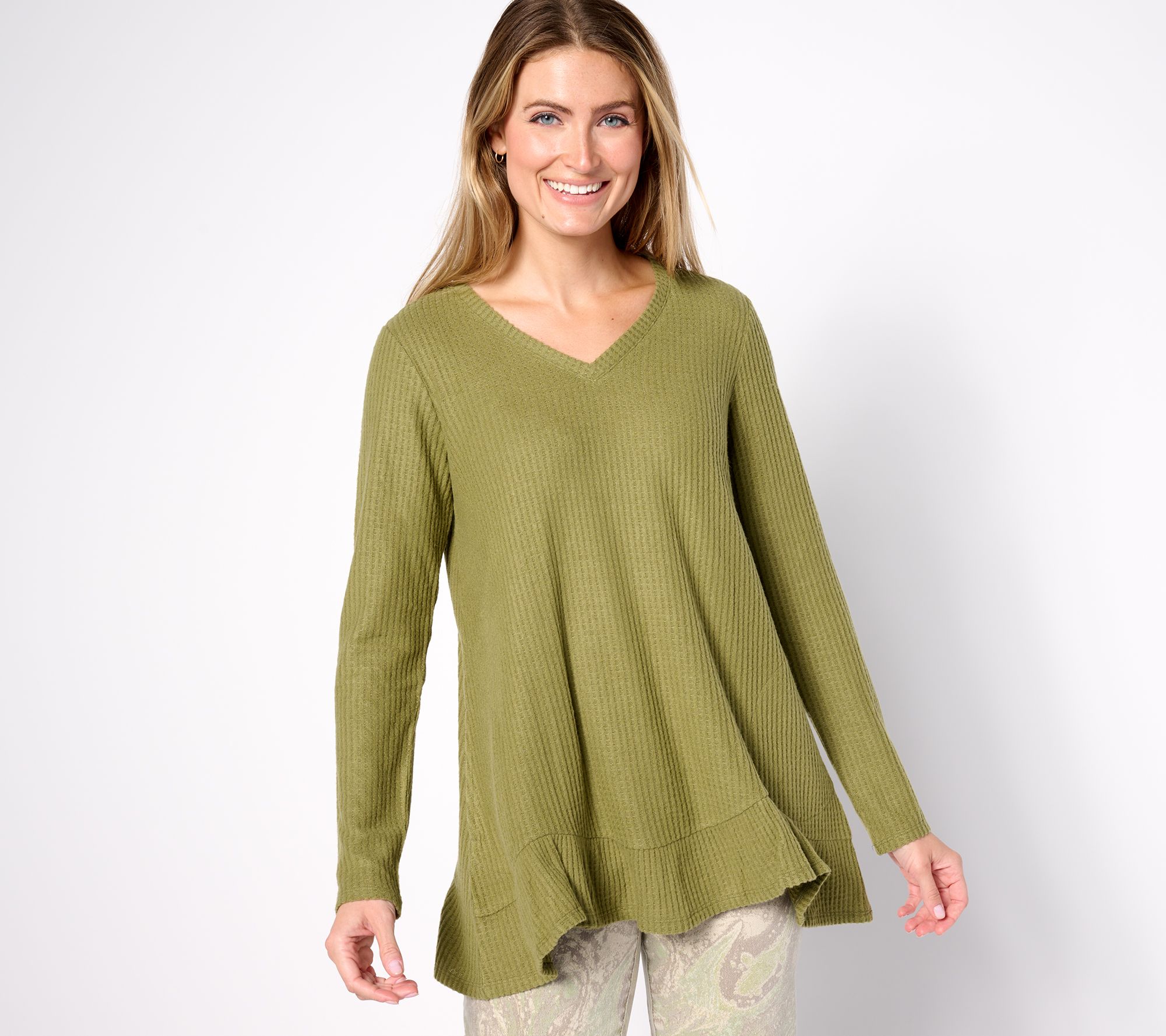 LOGO by Lori Goldstein Cloud Waffle V-Neck Top With Ruffle Hem