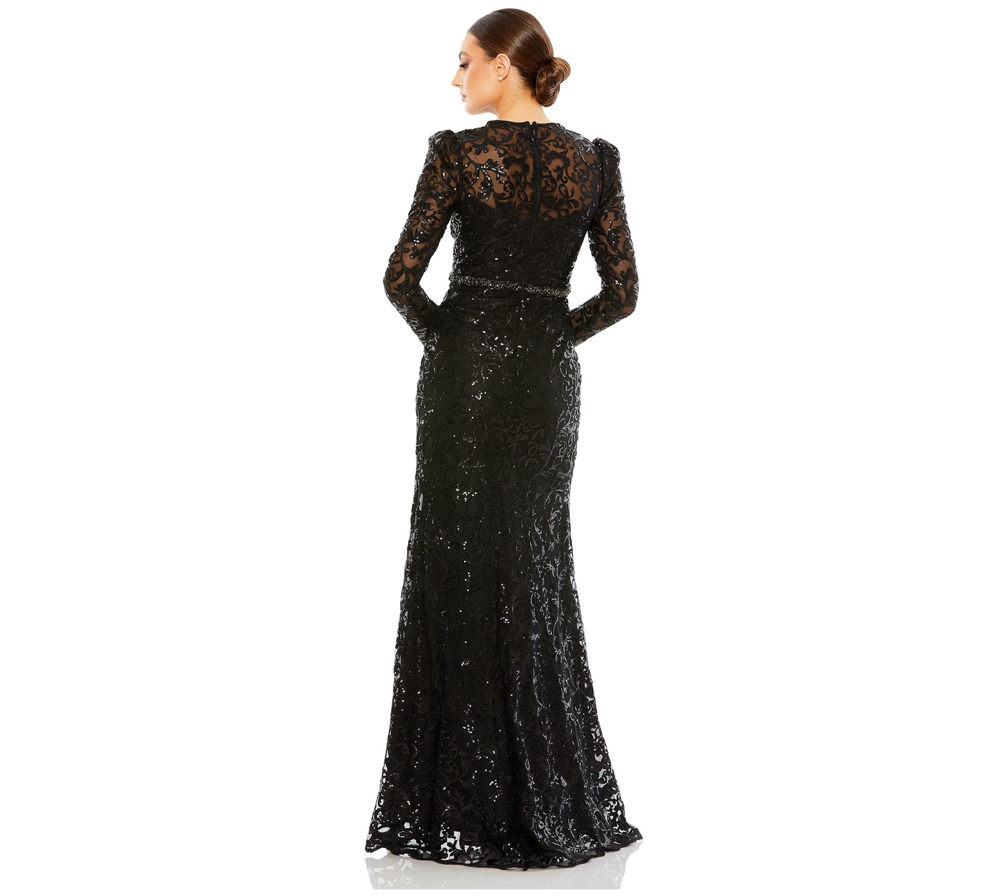 Mac Duggal Black Long Sleeve Embellished Illusion Gown - QVC.com