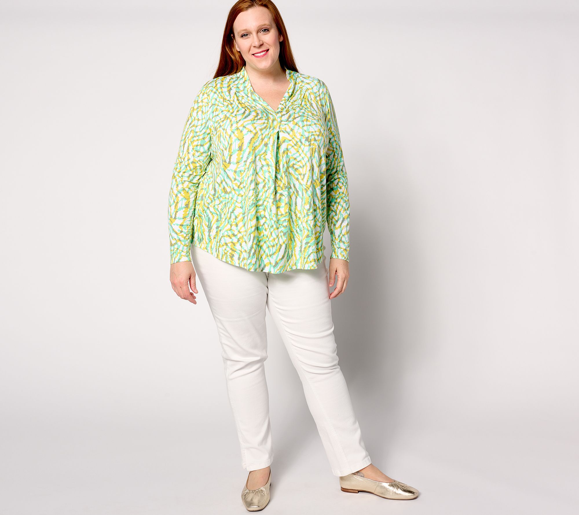 Belle by Kim Gravel Rayon Spandex Shaded Tiger Invert Pleat Top - QVC.com