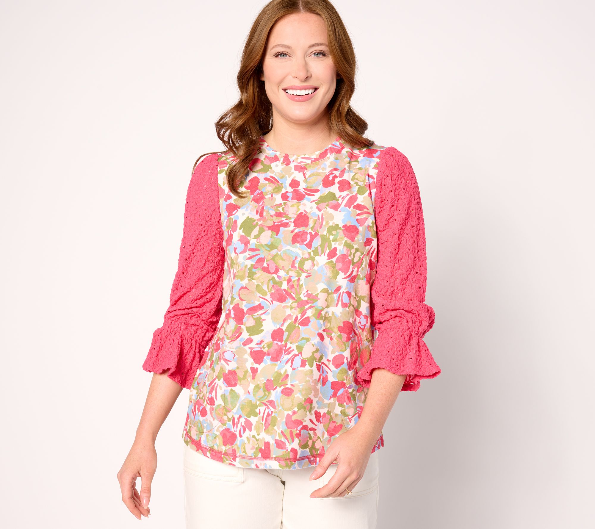 LOGO by Lori Goldstein 3/4 Sleeve Top with Eyelet Lace Sleeves