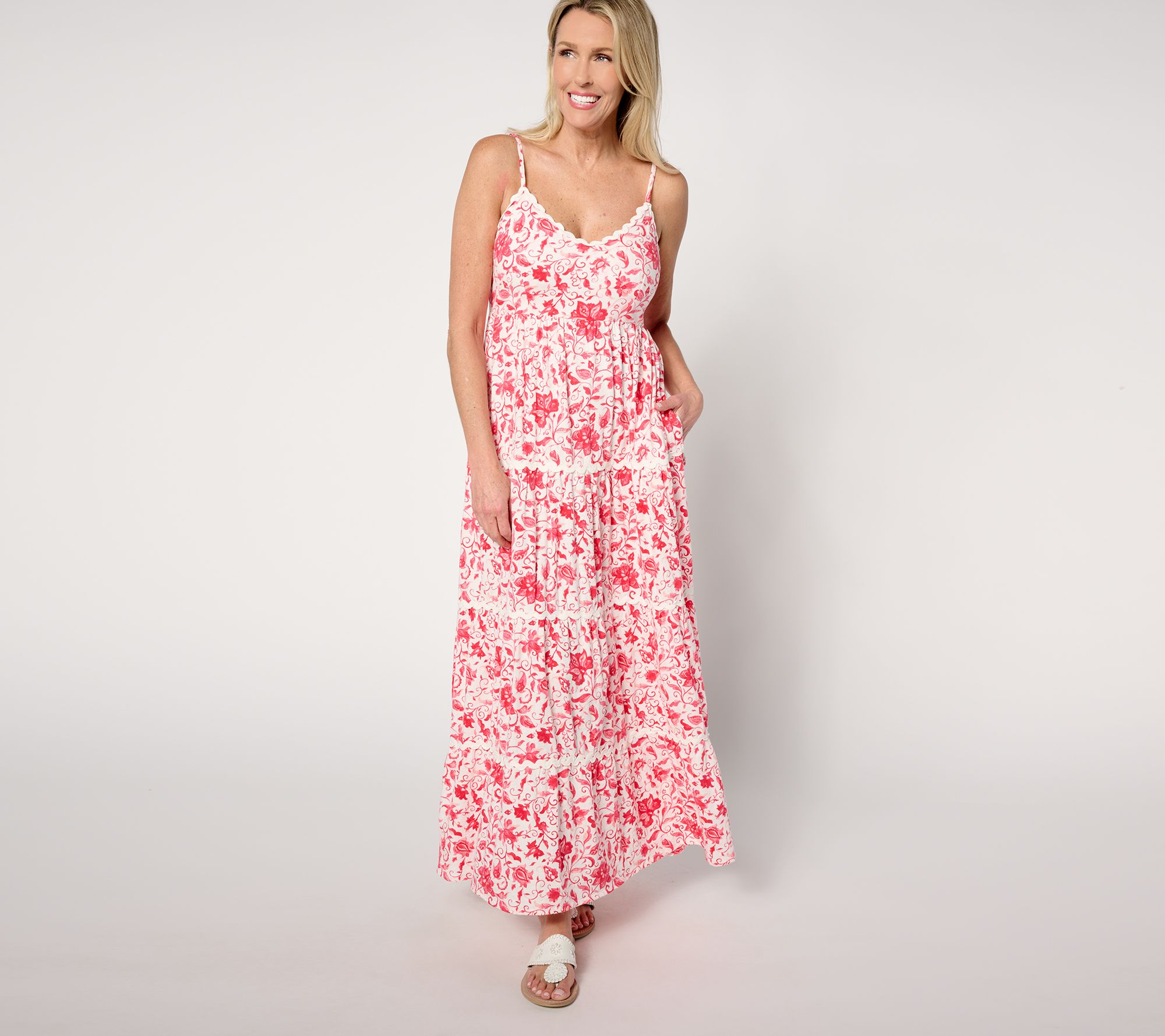Destination 365 Petite Printed Sleeveless Knit Maxi Dress with Lace Trim