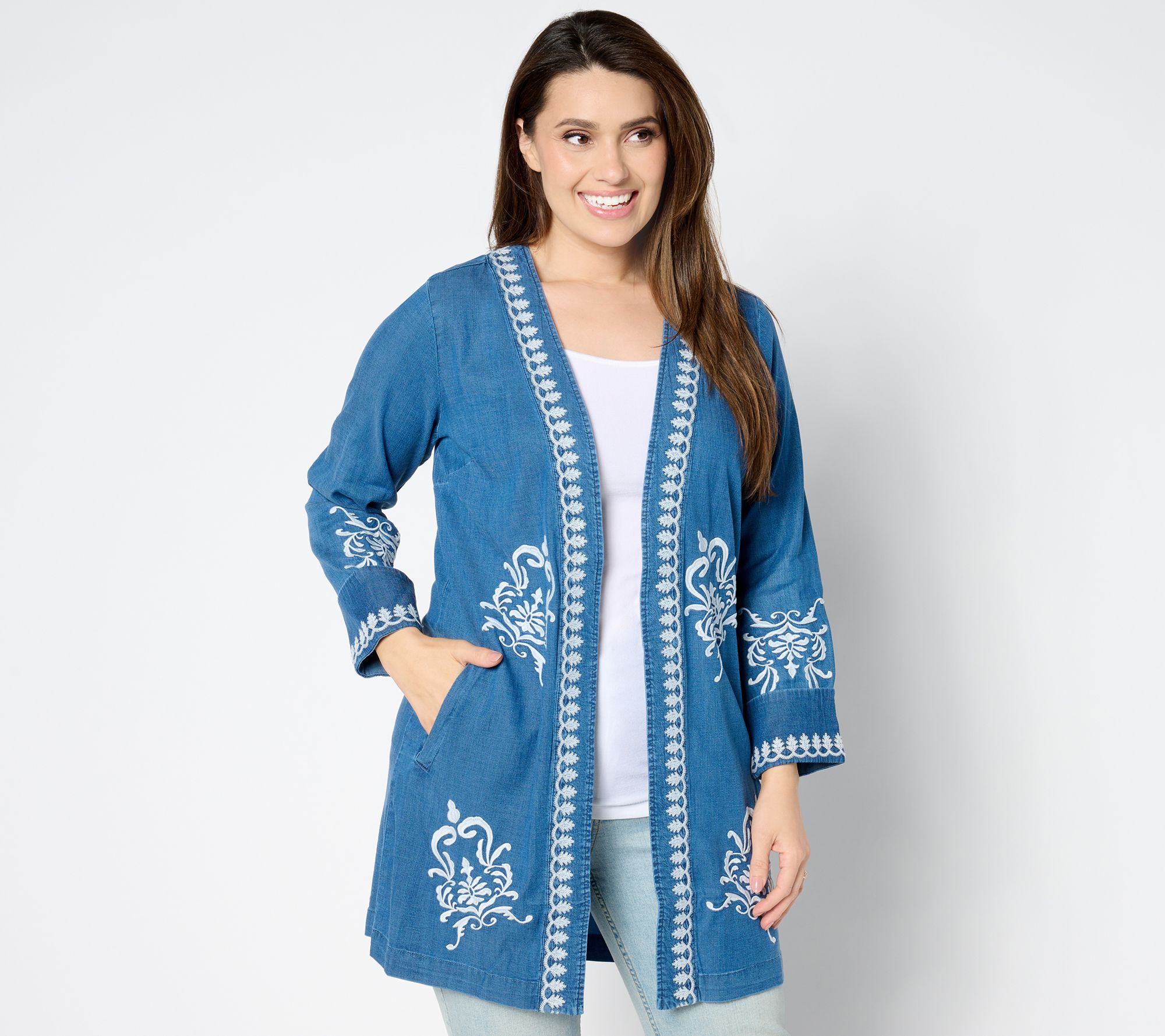 Susan Graver Petite Open Front Chambray Jacket with Lace Applique