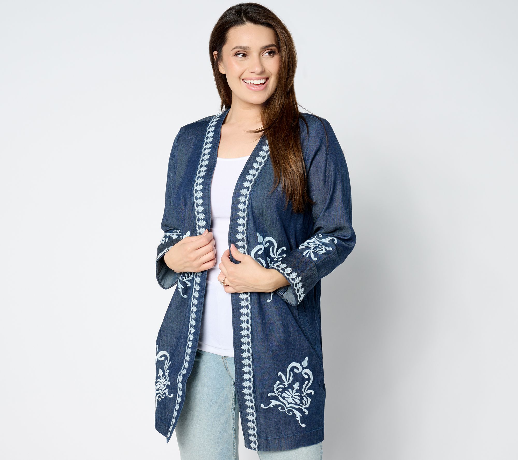 Susan Graver Petite Open Front Chambray Jacket with Lace Applique