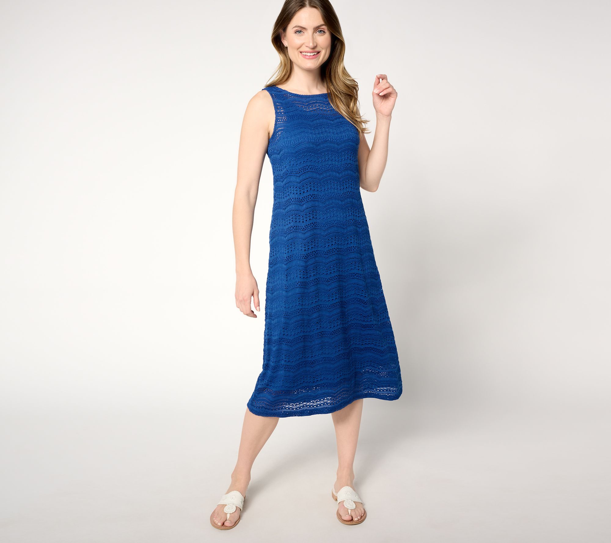 Susan Graver Passport Petite Knit Crochet Lace Midi Dress with Cami Slip