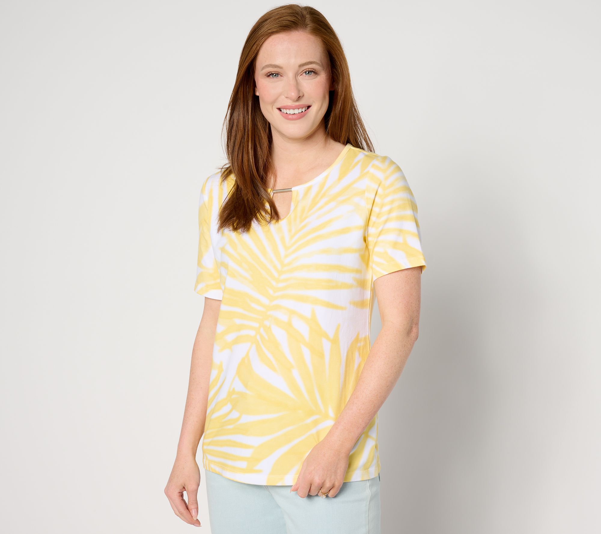 Denim & Co. Favorite Jersey Palm Print Short Sleeve Keyhole Top