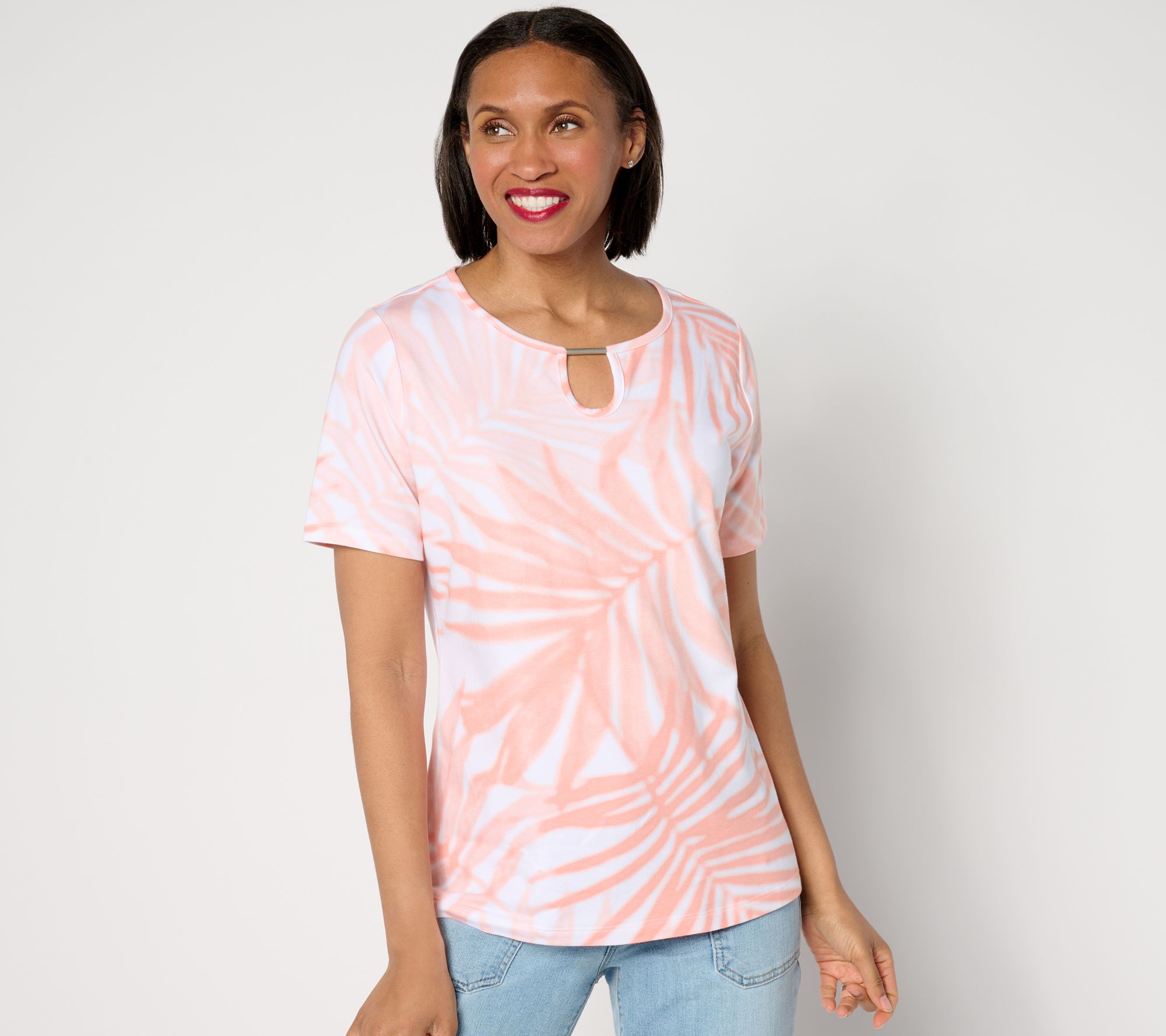 Denim & Co. Favorite Jersey Palm Print Short Sleeve Keyhole Top