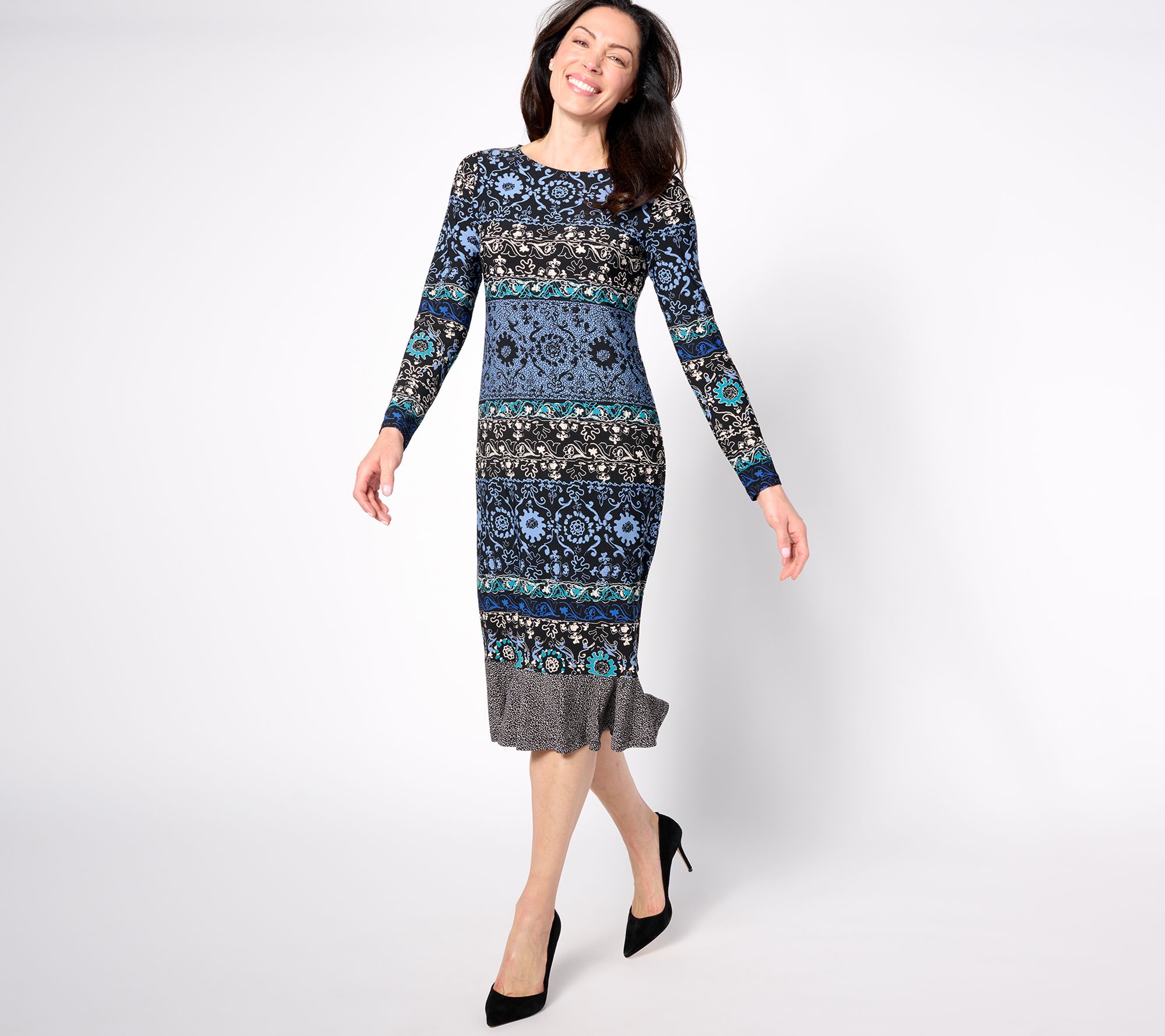"As Is" Susan Graver Petite Liquid Knit Midi Dress with Flounced Hem