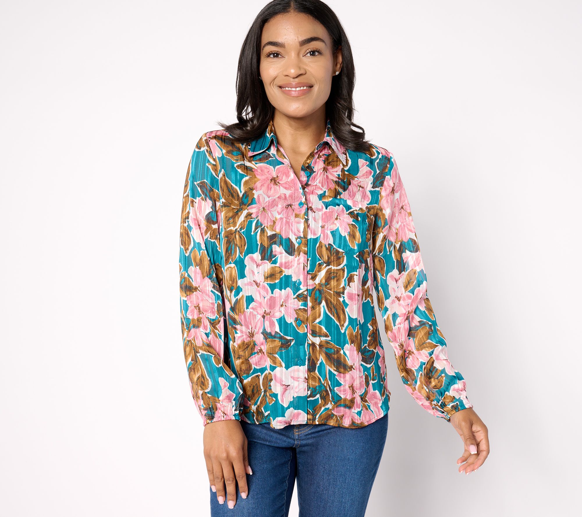 Denim & Co. Signature Sheer Floral Button Front Shirt