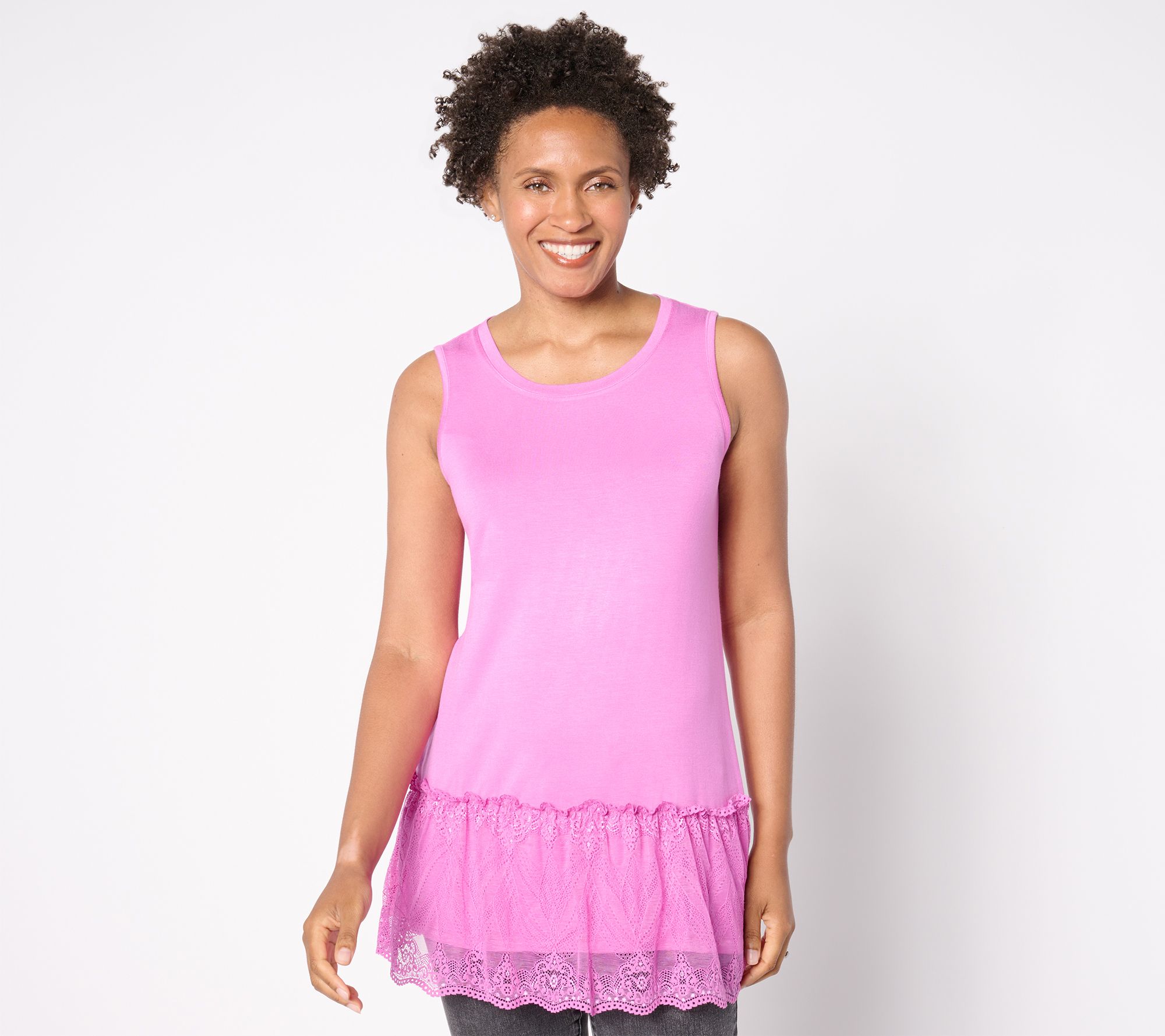 LOGO Layers by Lori Goldstein Scoop Neck Tank with Lace Hem