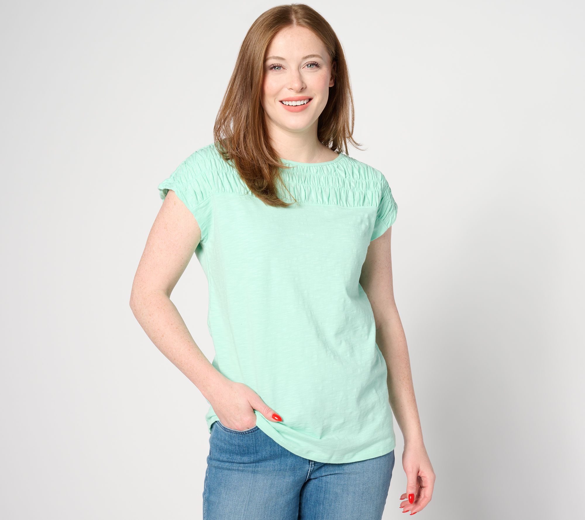 "As Is" Denim & Co. Texture Knit Boat Neck Cap Sleeve Top with Smocking