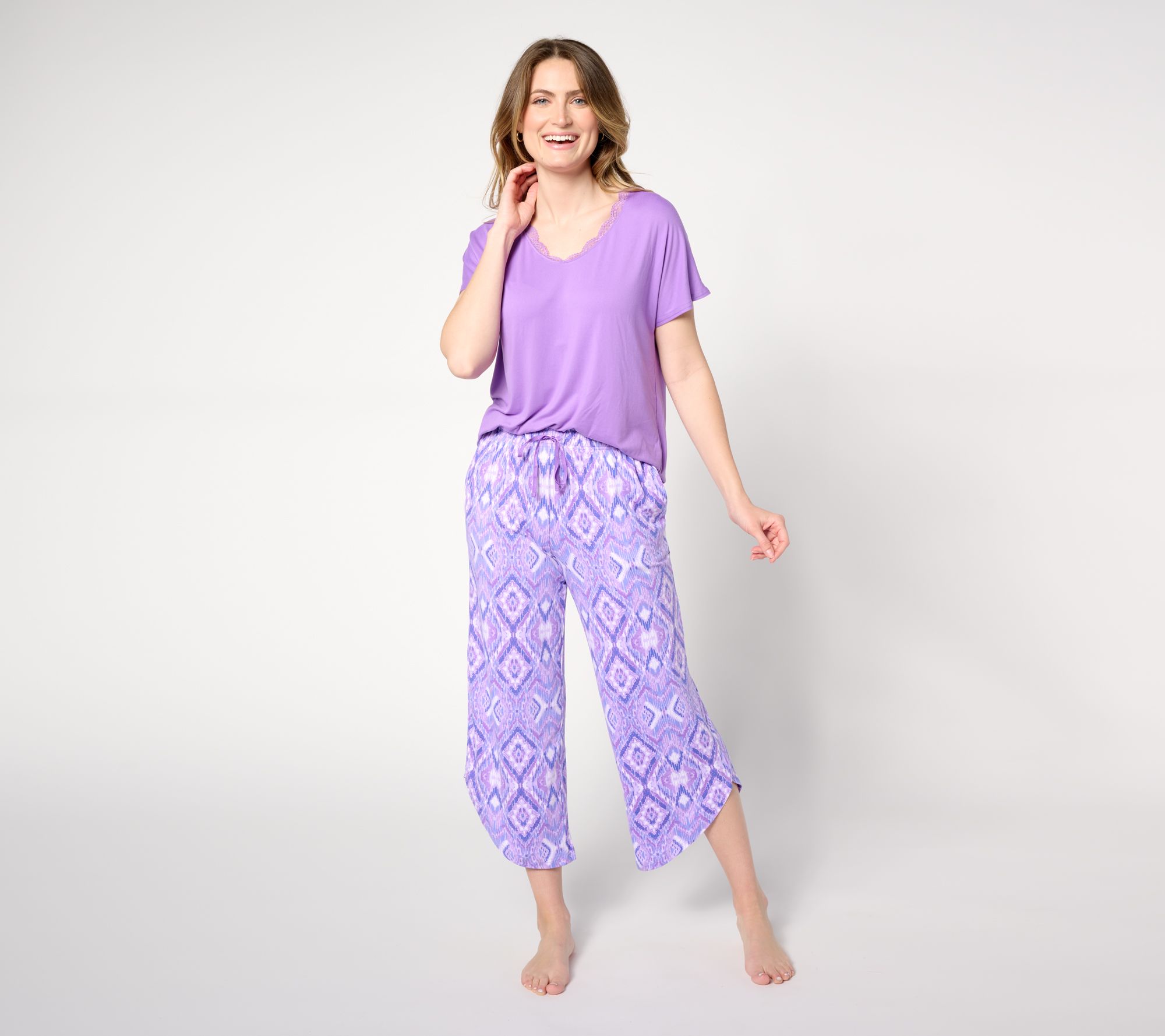 As Is Carole Hochman Lace Trim Tee Wide Leg Crop Pajamas