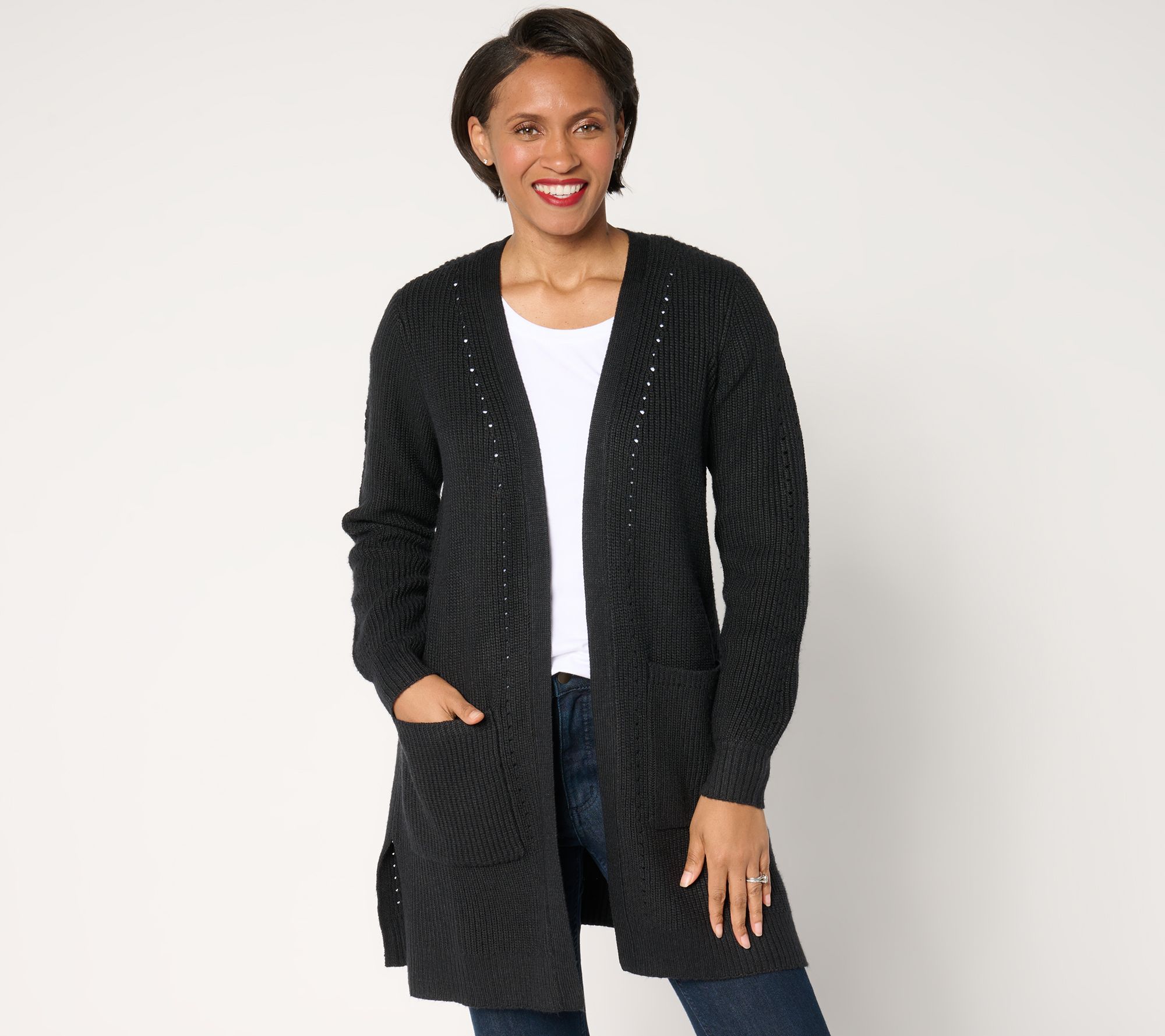 AnyBody Sweater Cardigan with Pointelle Stitch Detail