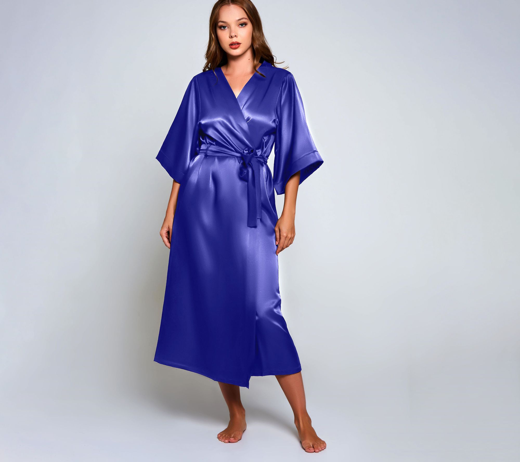 iCollection Satin Glossy Long Robe in Sapphire Blue