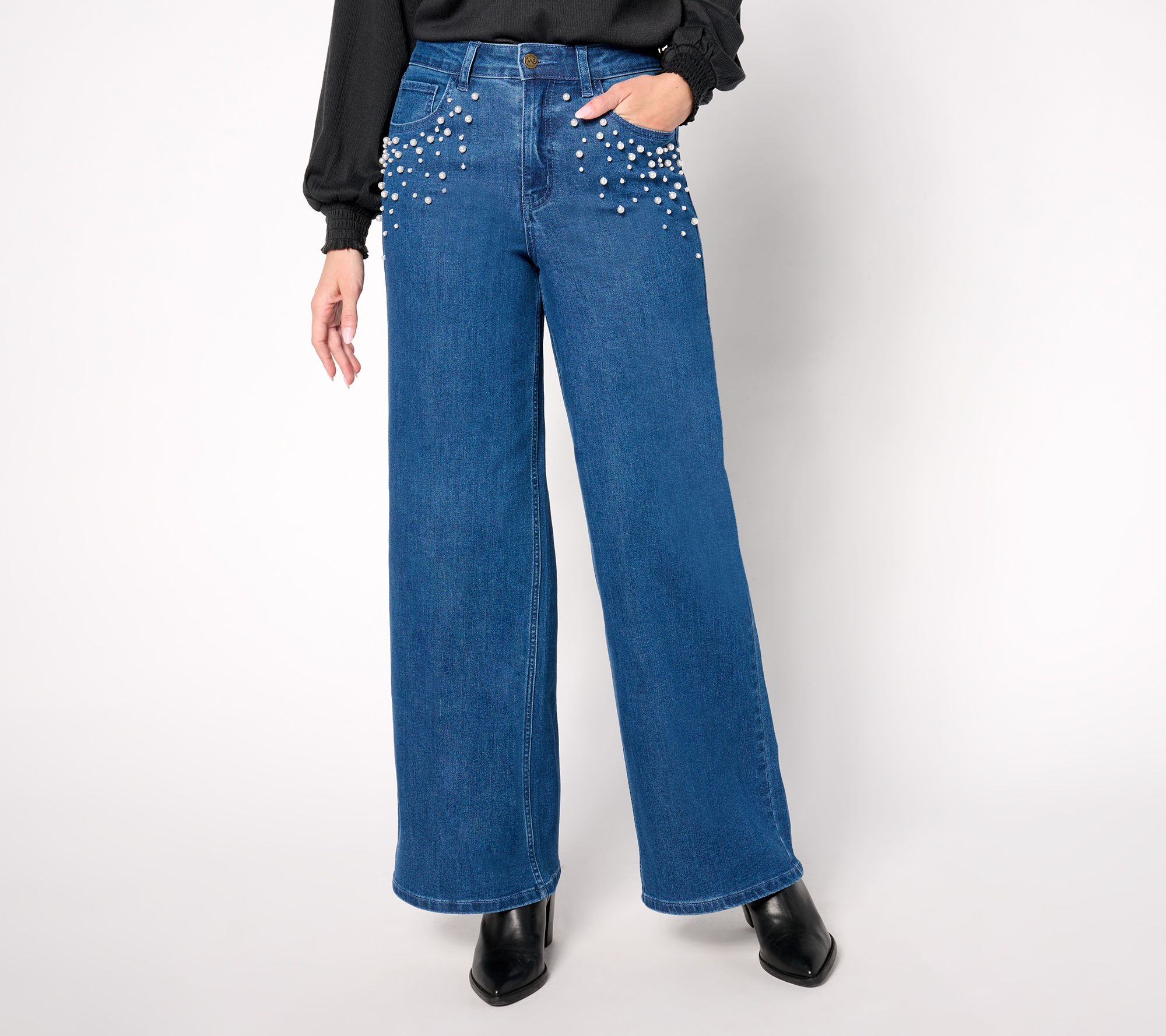 Me by Jennie Garth Indigo Reg Wide Leg Jean with Pearl Detail