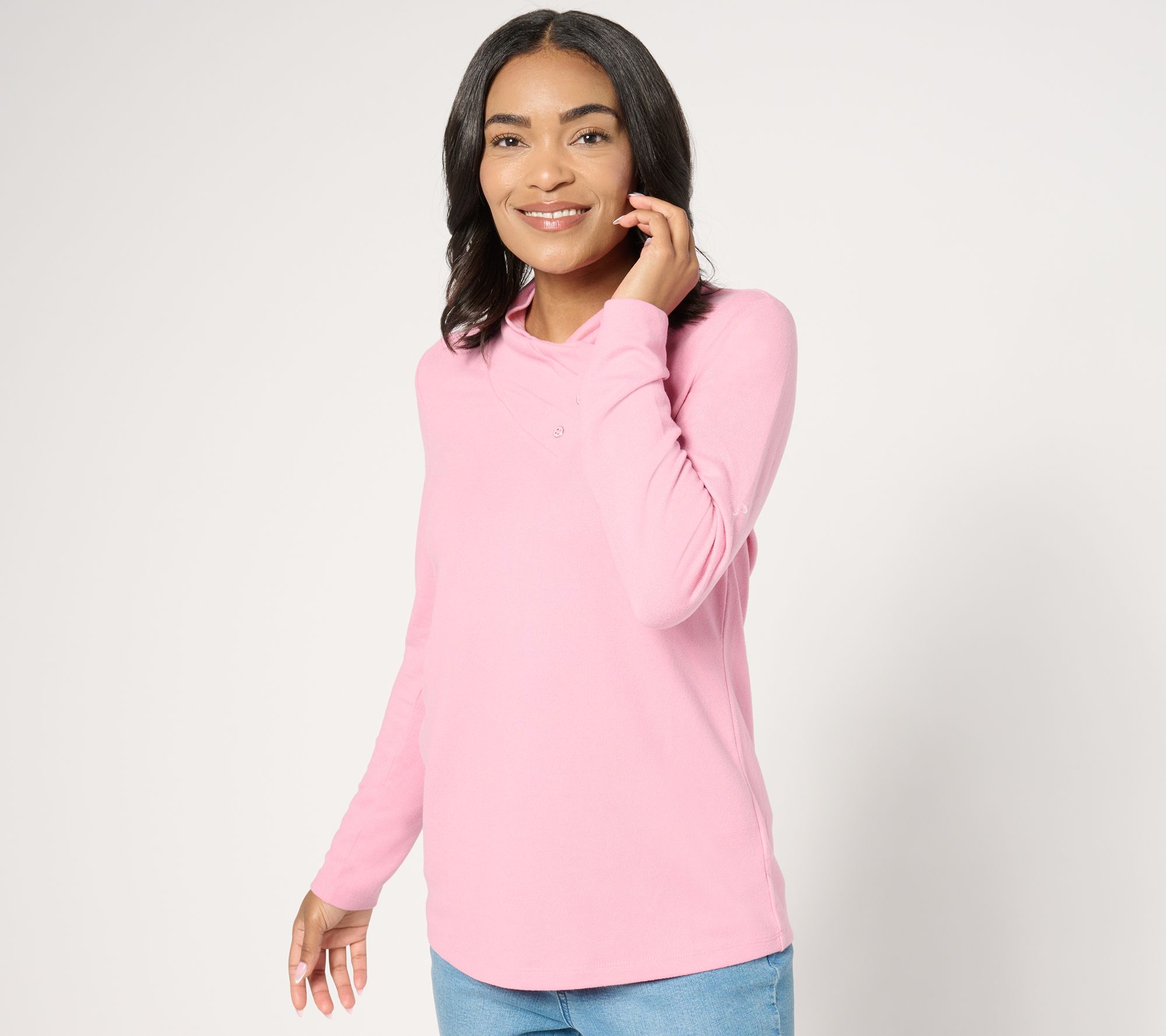 Denim & Co. Heavenly Jersey Long-Sleeve Button-Neckline Knit Top