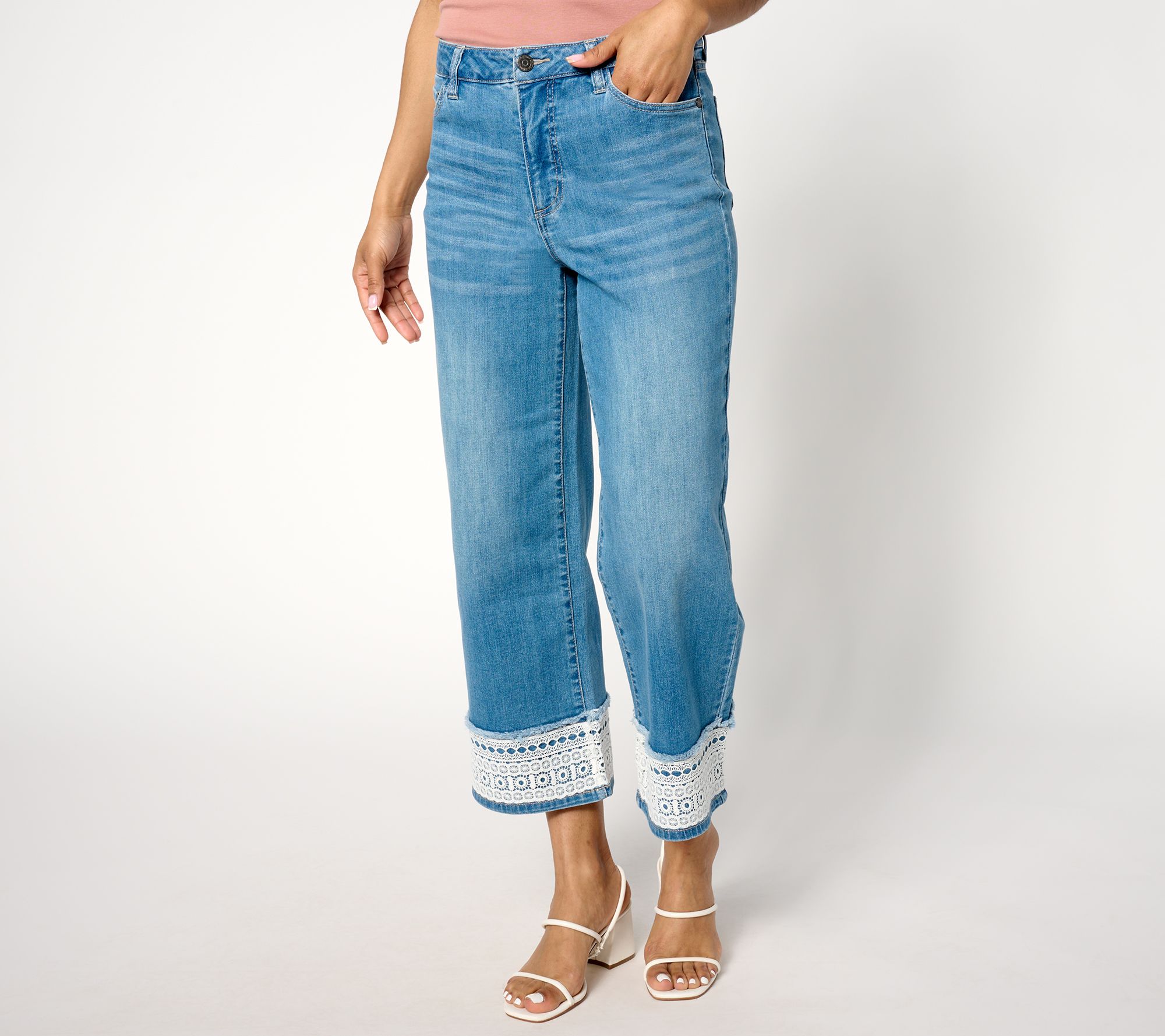"As Is" Susan Graver Petite Stretch Denim Wide Leg Crop Jean with Trim