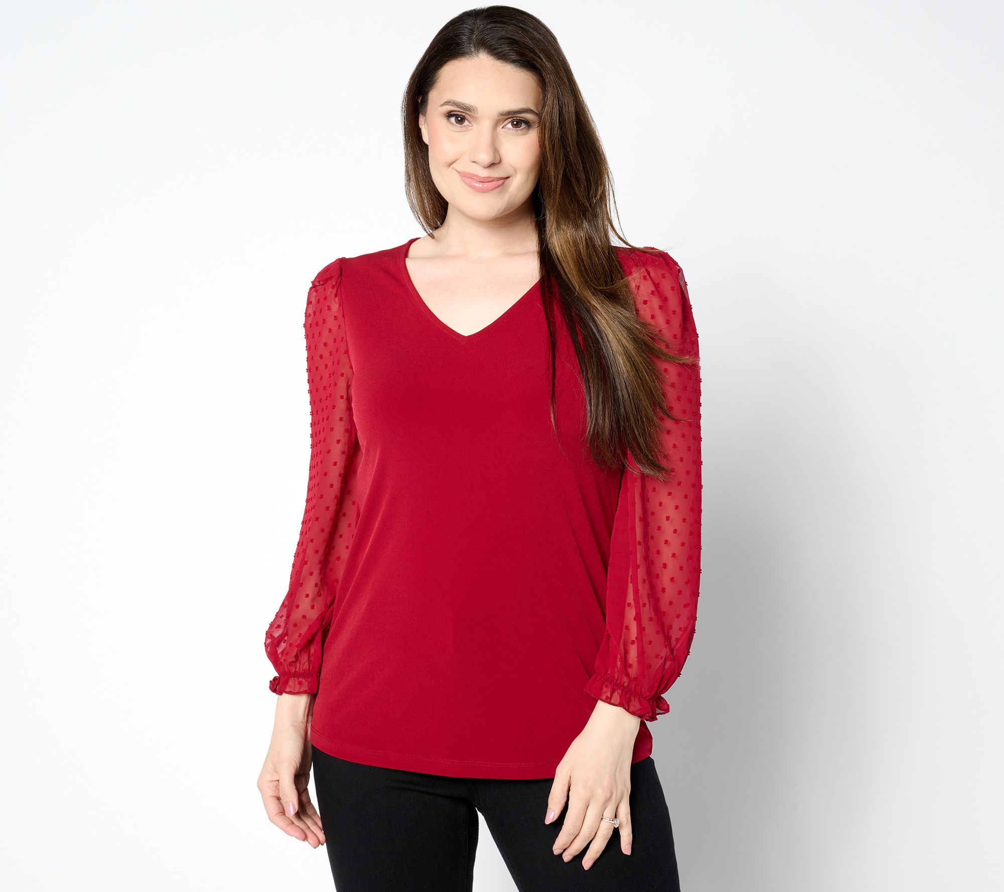 "As Is" Susan Graver Occasion Liquid Knit V-Neck Top with Novelty Sleeves