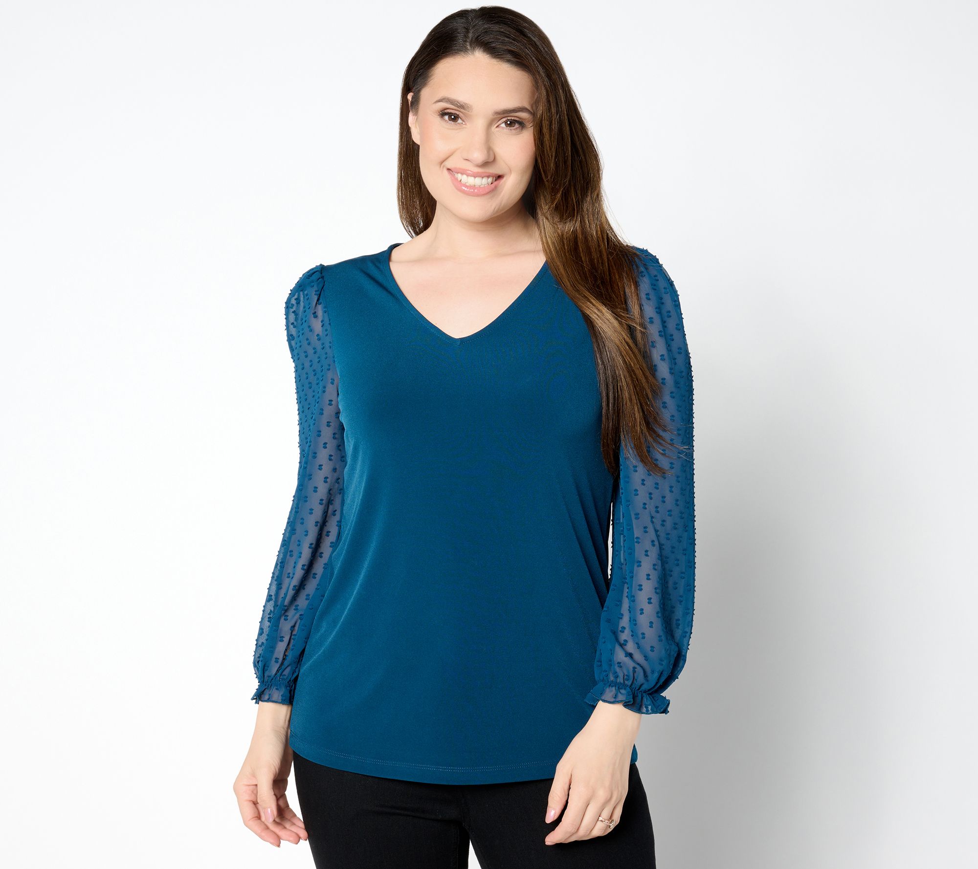 "As Is" Susan Graver Occasion Liquid Knit V-Neck Top with Novelty Sleeves