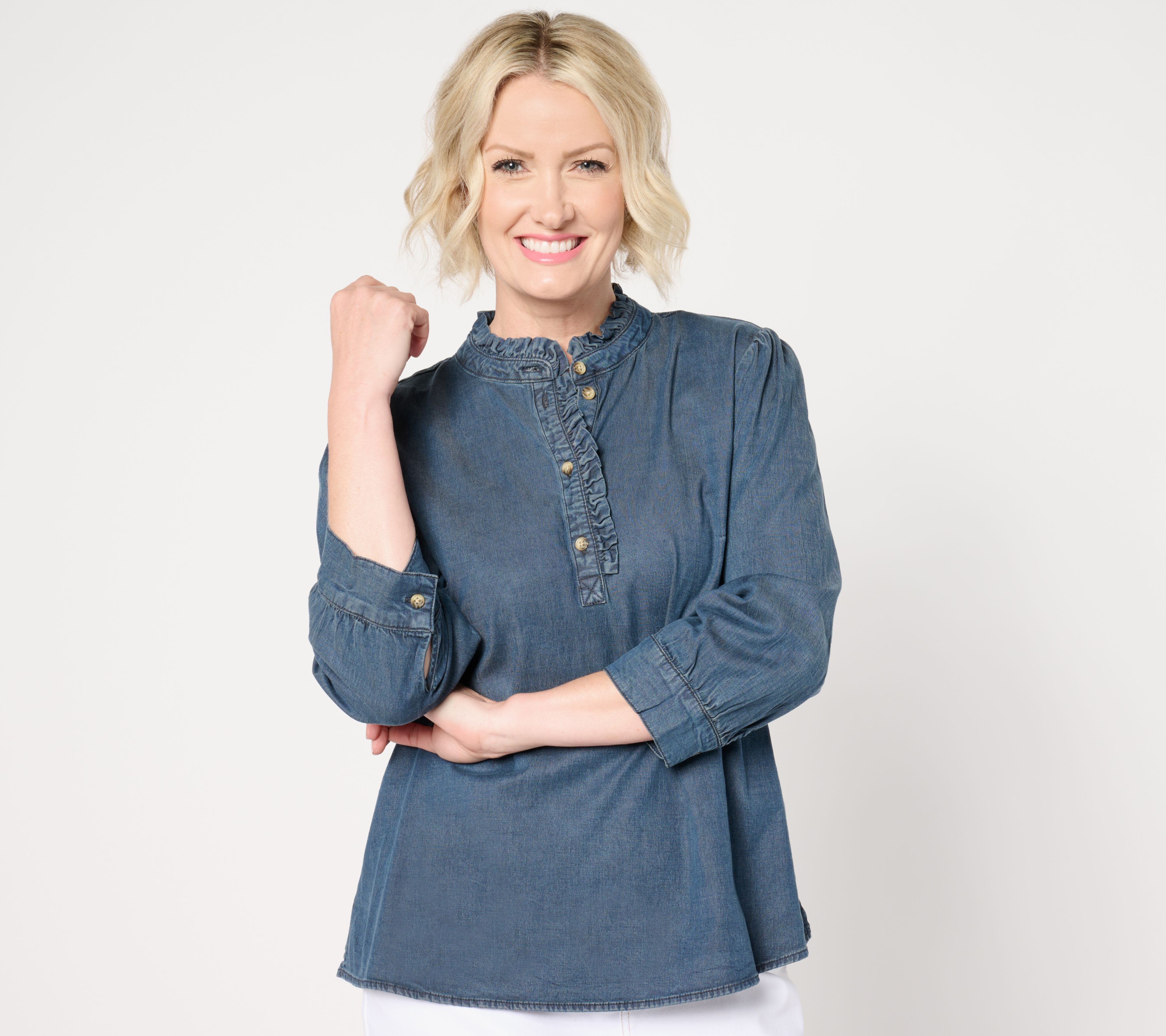 "As Is" Denim & Co. Chambray 3/4 Puff Sleeve Ruffle Top