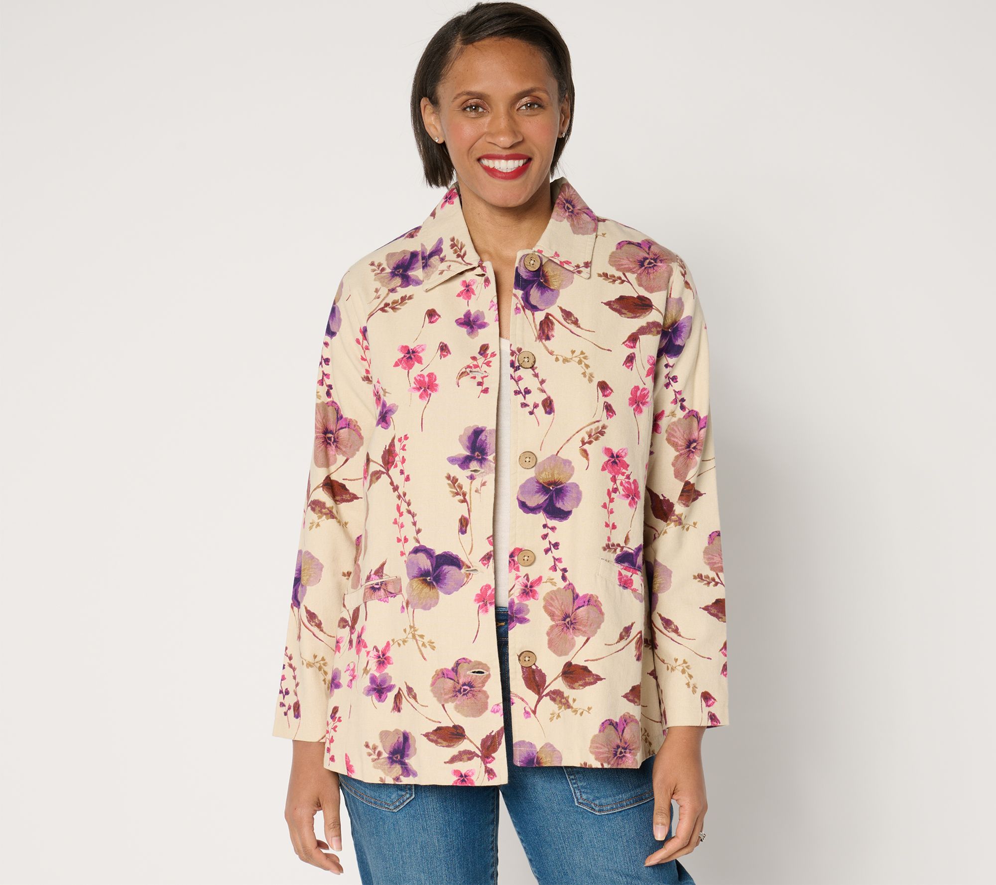 Susan Graver Petite Printed Cotton Button Front Swing Jacket