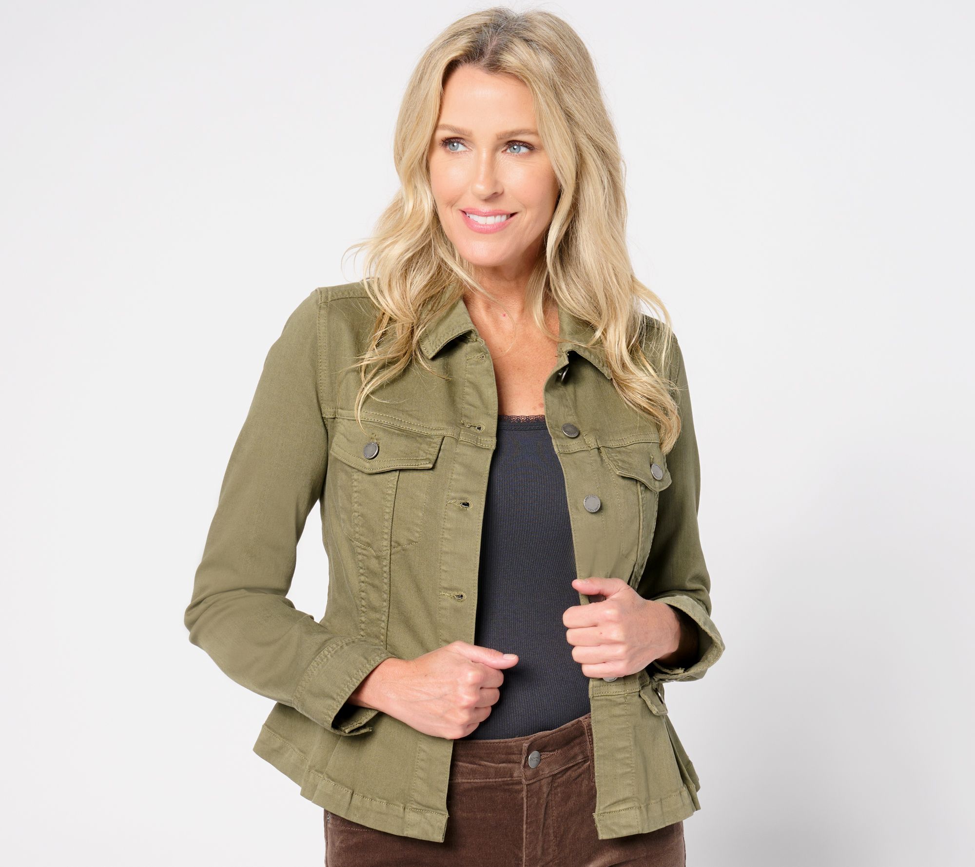 "As Is" Liverpool Los Angeles Peplum Denim Jacket- Olive Grove