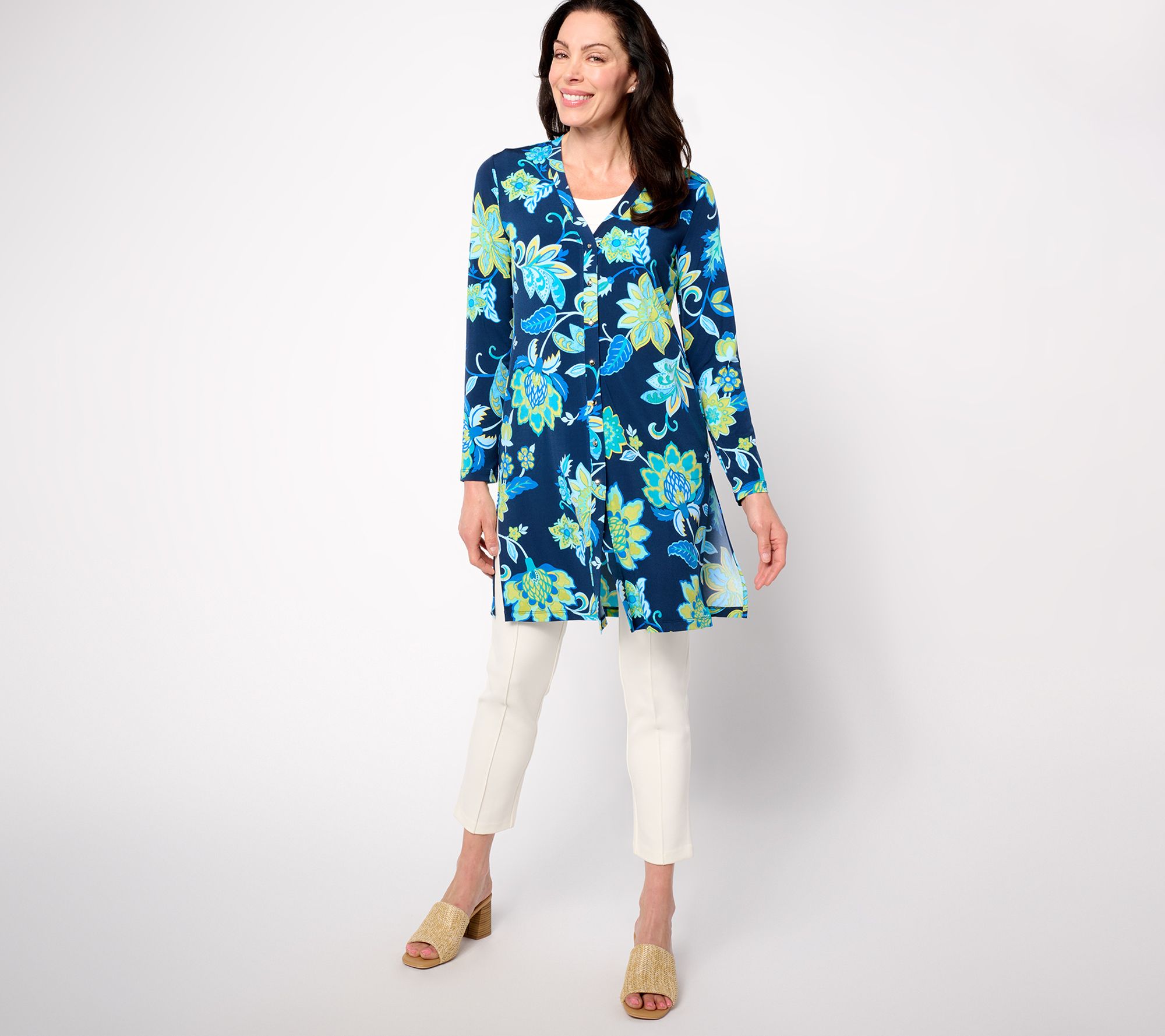 Susan Graver Petite Printed Liquid Knit Button Front Duster