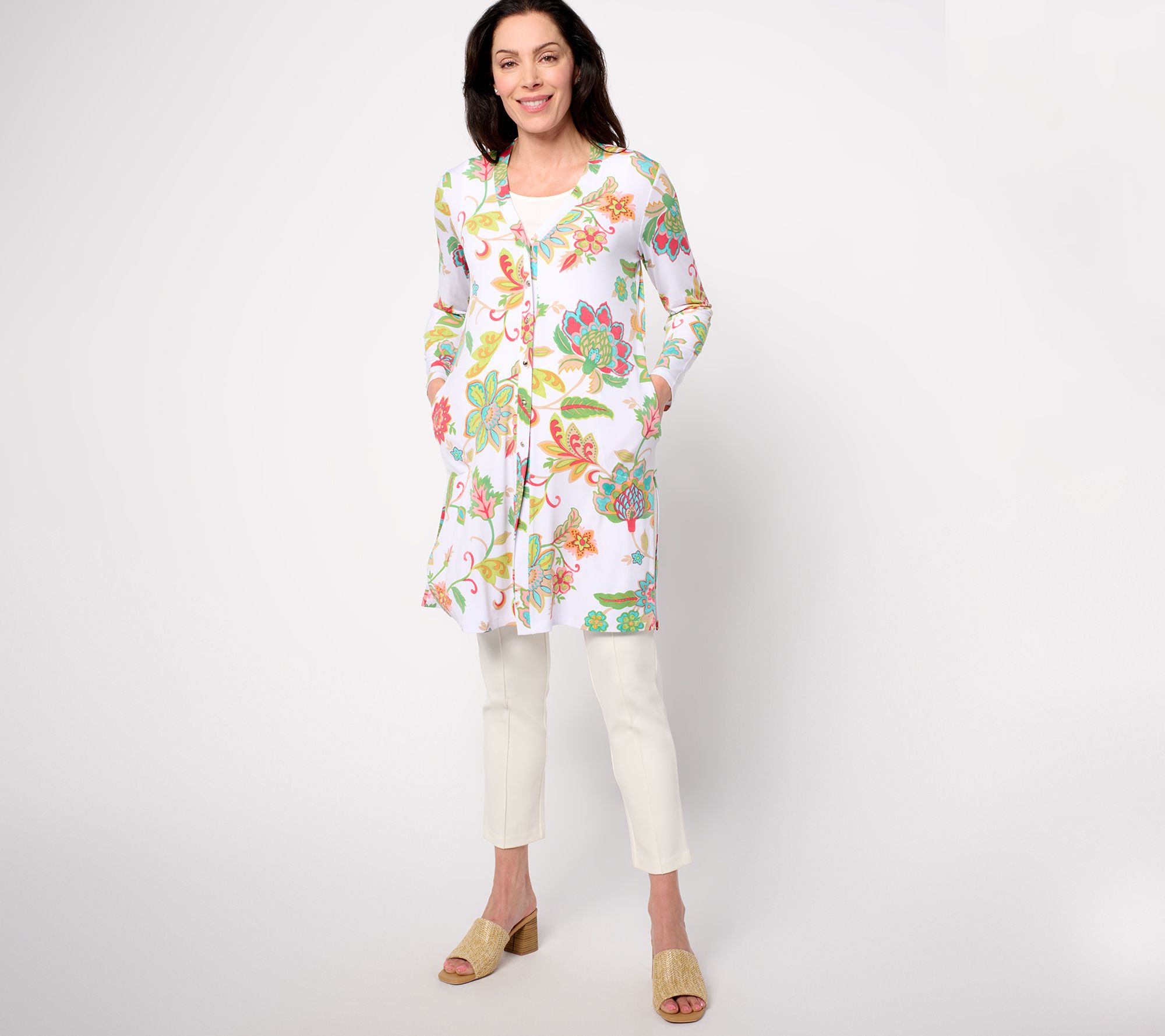 Susan Graver Petite Printed Liquid Knit Button Front Duster