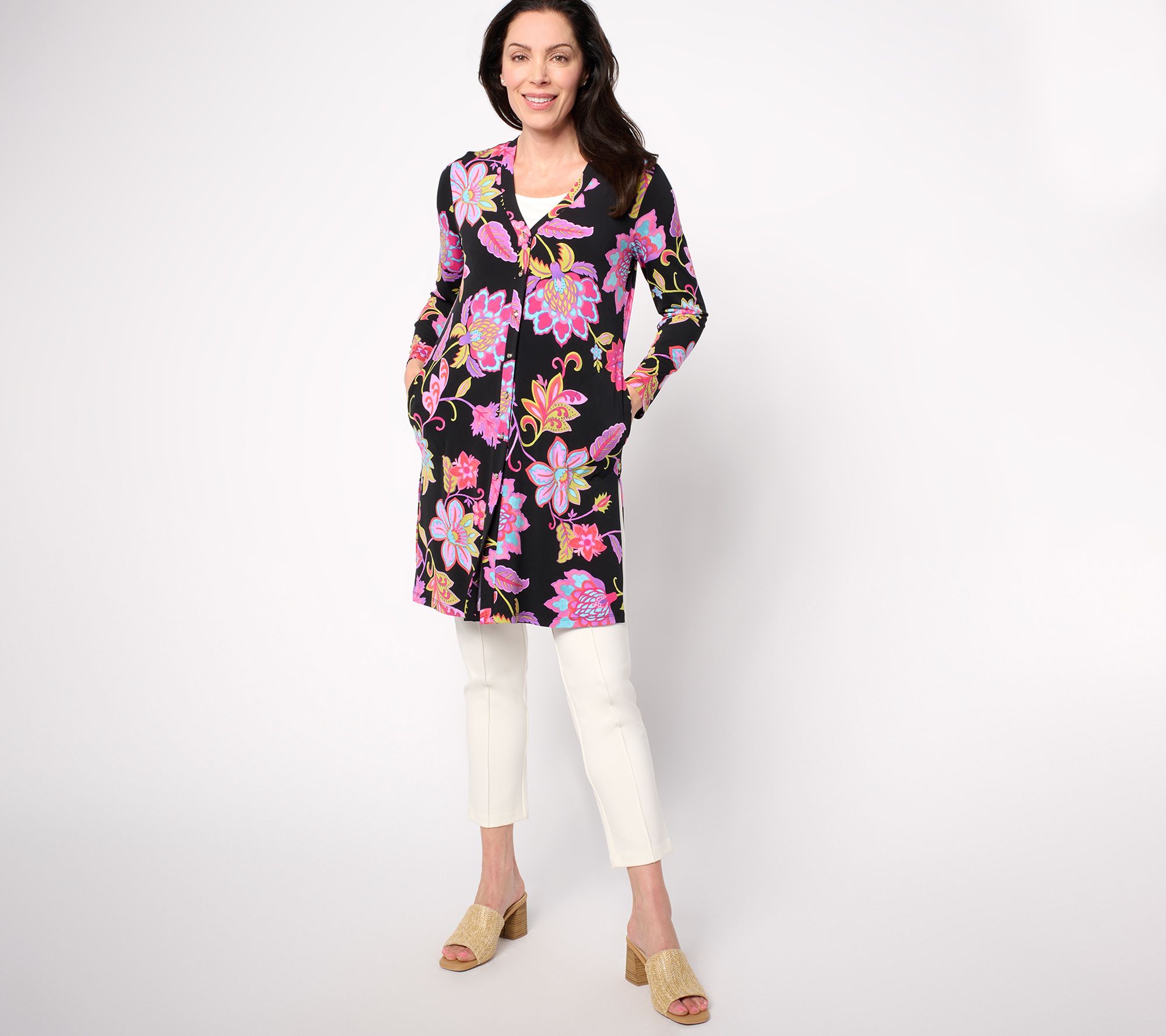 Susan Graver Petite Printed Liquid Knit Button Front Duster