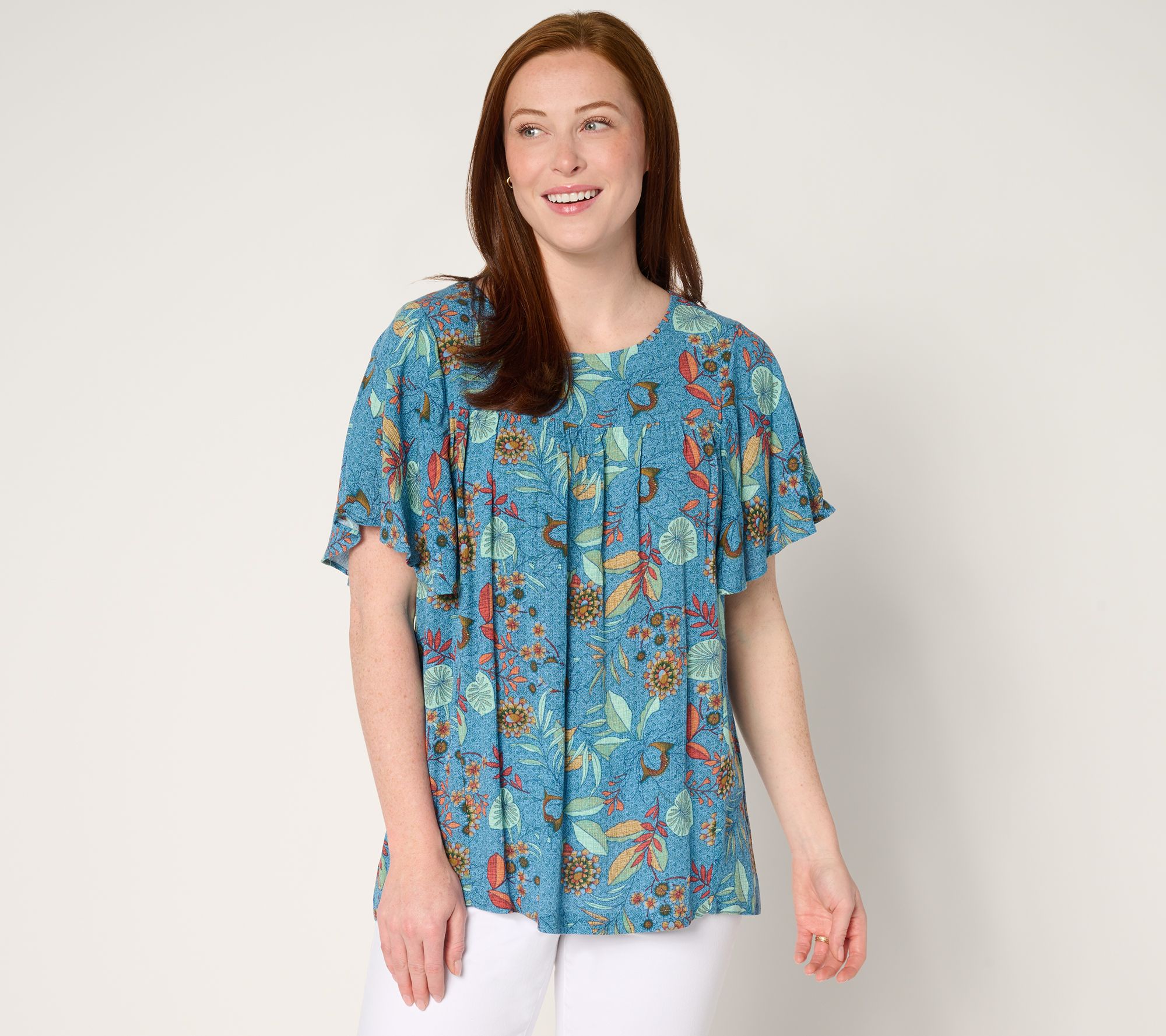 Susan Graver PURE Printed Crinkled Woven Flutter Sleeve Top