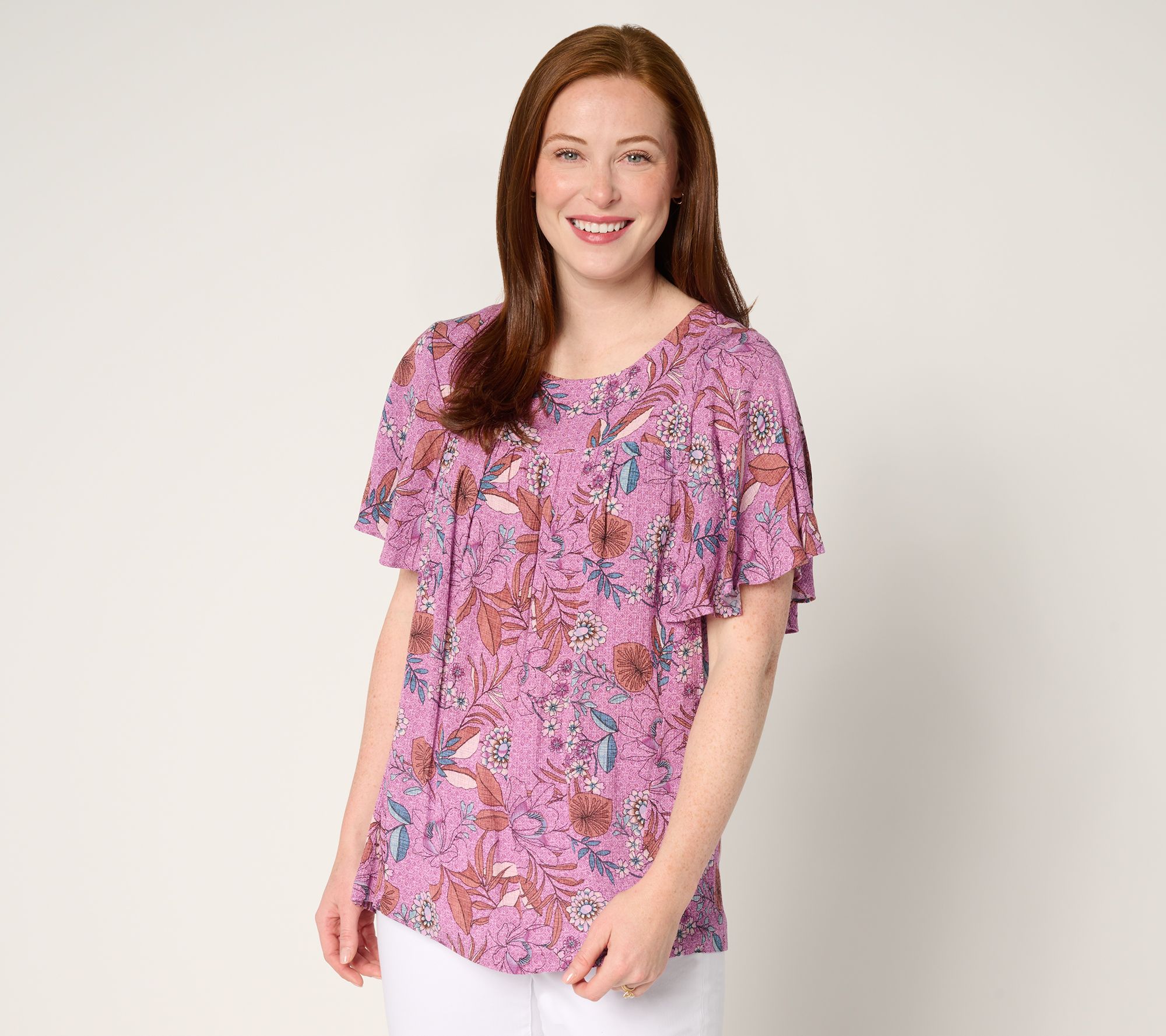 Susan Graver PURE Printed Crinkled Woven Flutter Sleeve Top