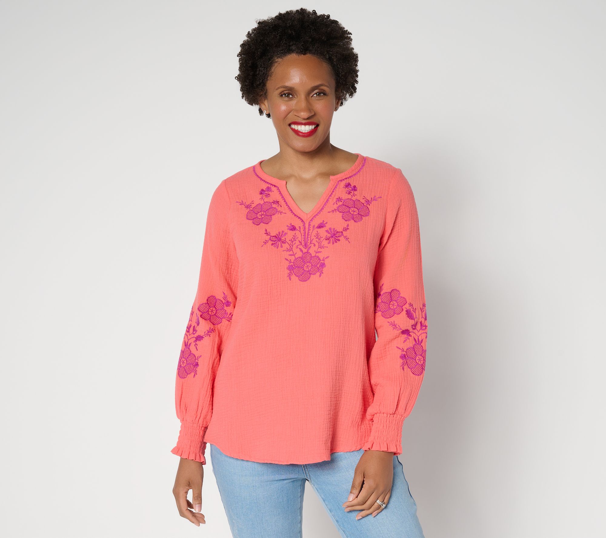 Belle Beach by Kim Gravel Cotton Gauze Embroidered Peasant Top