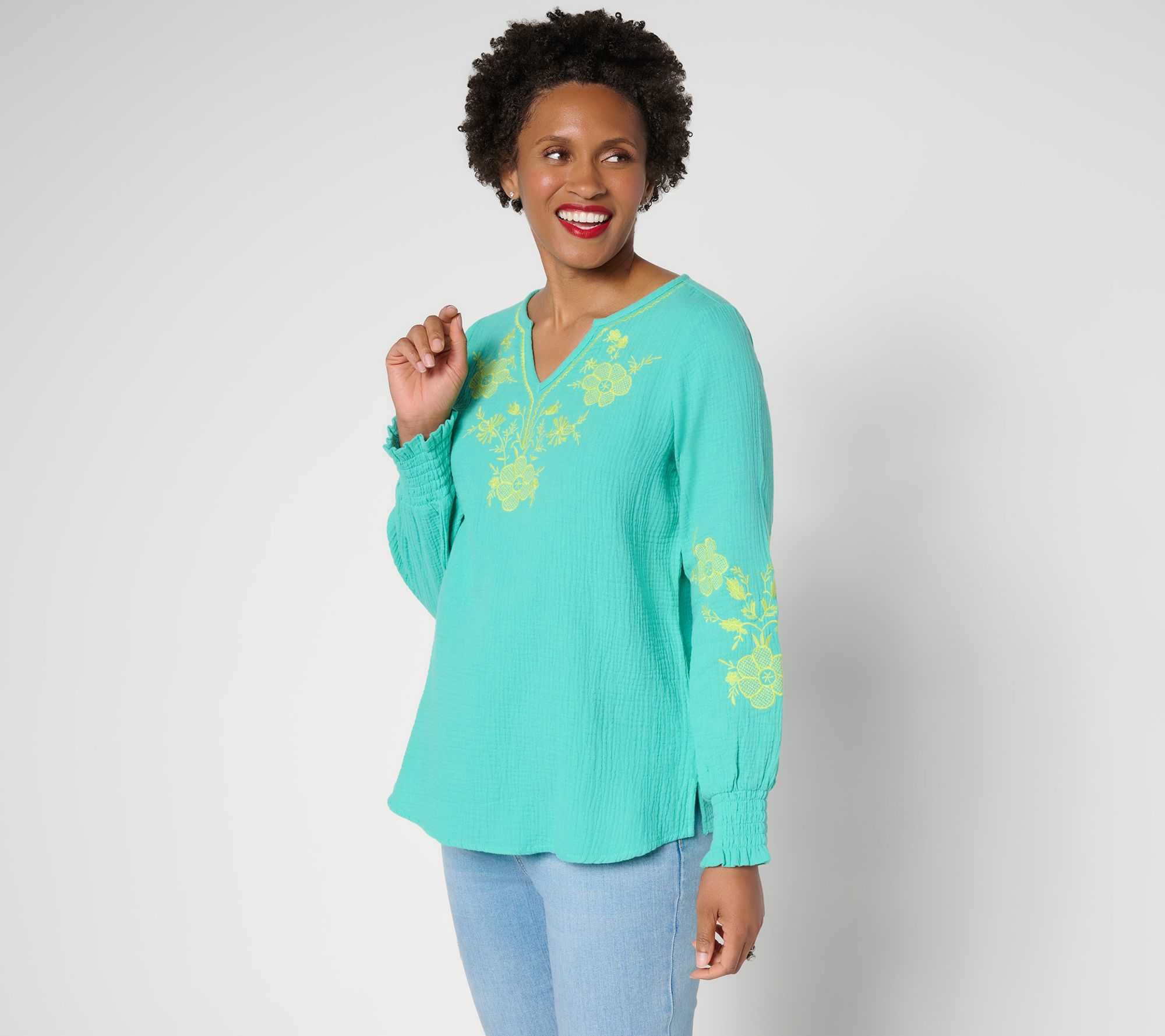 Belle Beach by Kim Gravel Cotton Gauze Embroidered Peasant Top