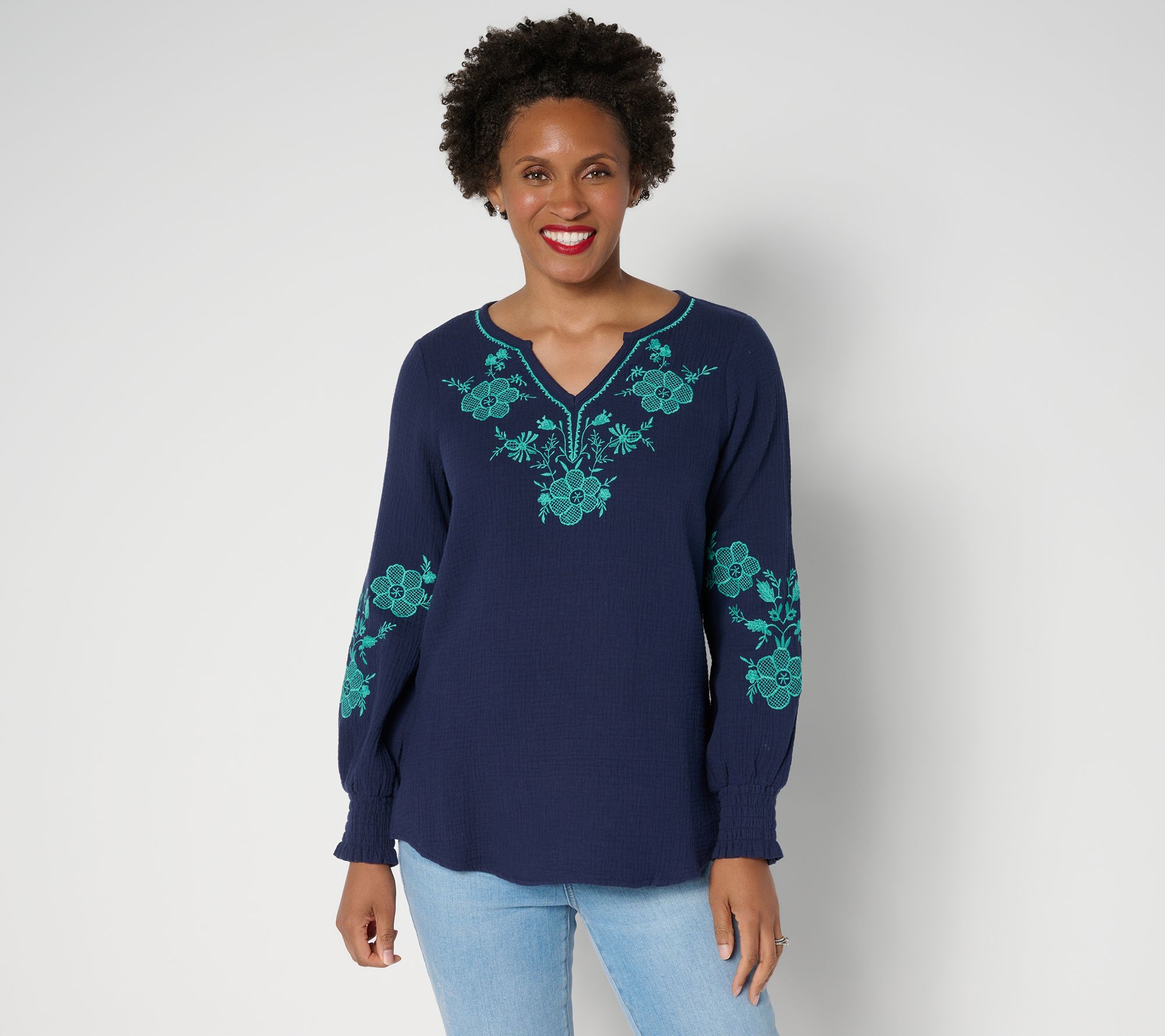 Belle Beach by Kim Gravel Cotton Gauze Embroidered Peasant Top