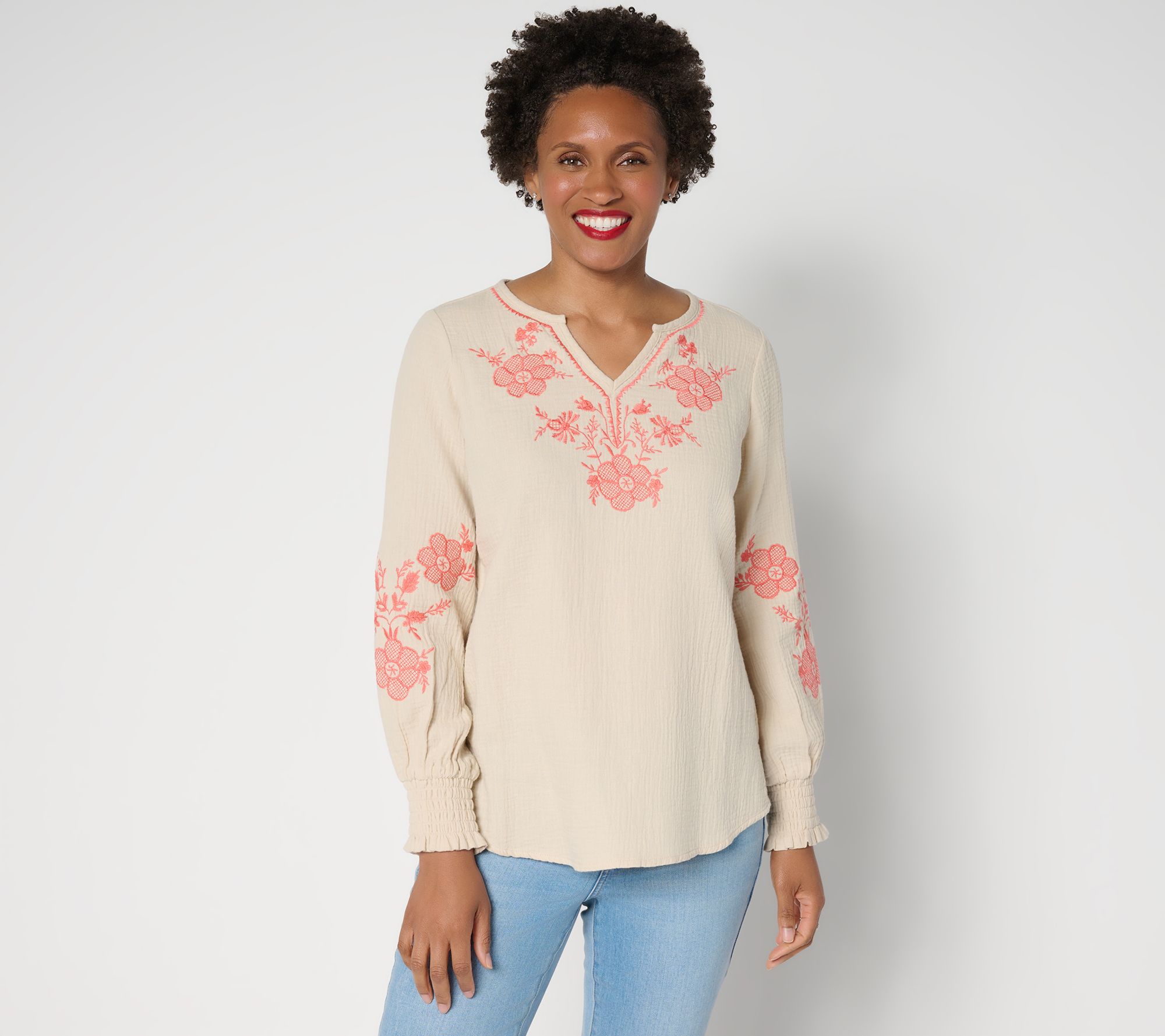 Belle Beach by Kim Gravel Cotton Gauze Embroidered Peasant Top