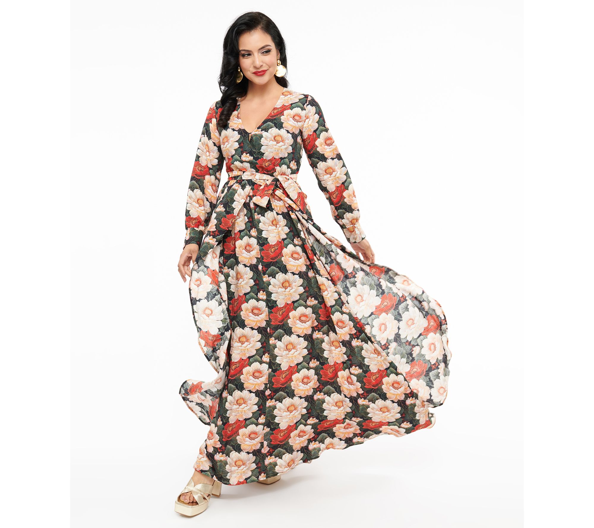 Unique Vintage 1970s White & Red Floral FarrahMaxi Dress