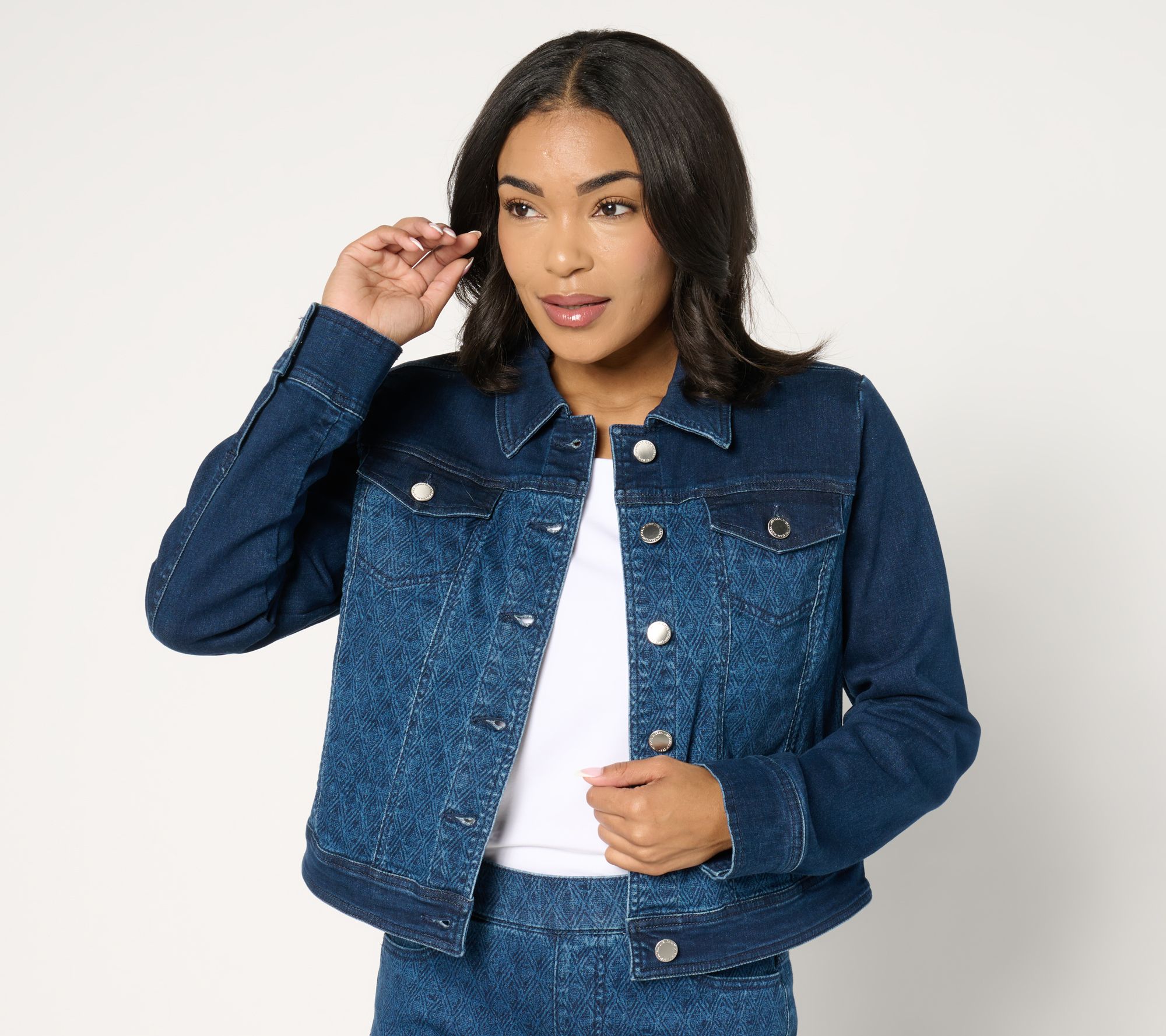 "As Is" Isaac Mizrahi Live! True Denim Indigo Pattern Denim Jacket