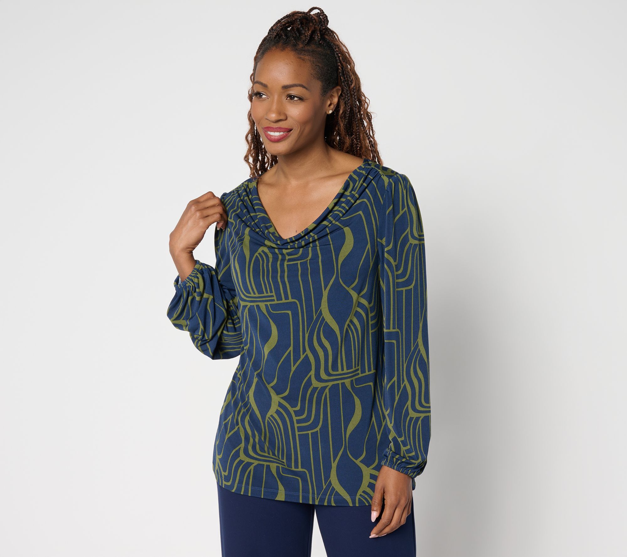 Susan Graver Printed Liquid Knit Cowl Neck Top with Blouson Sleeves