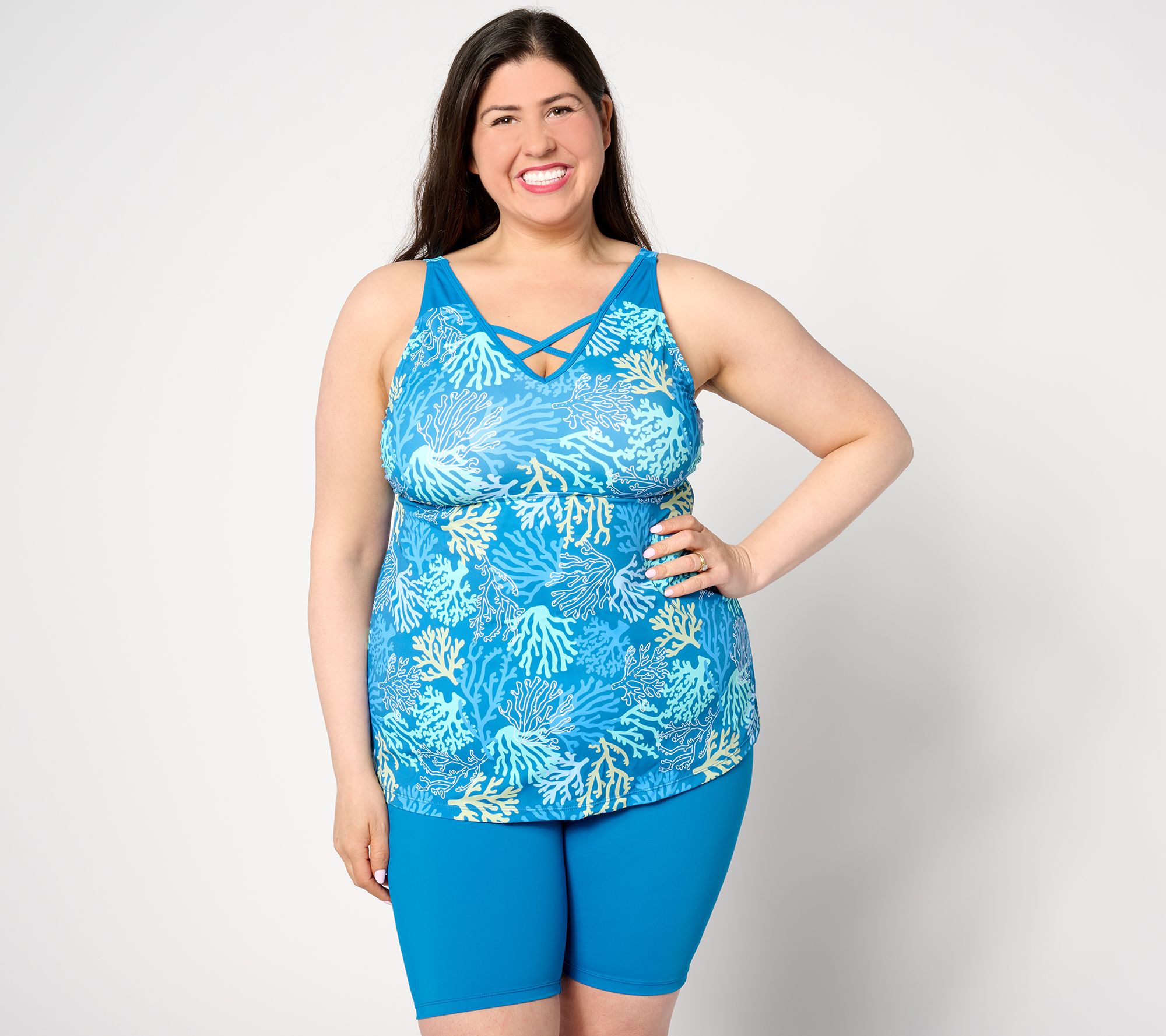 "As Is" Denim & Co. Beach Criss Cross Front Tankini with Swim Short