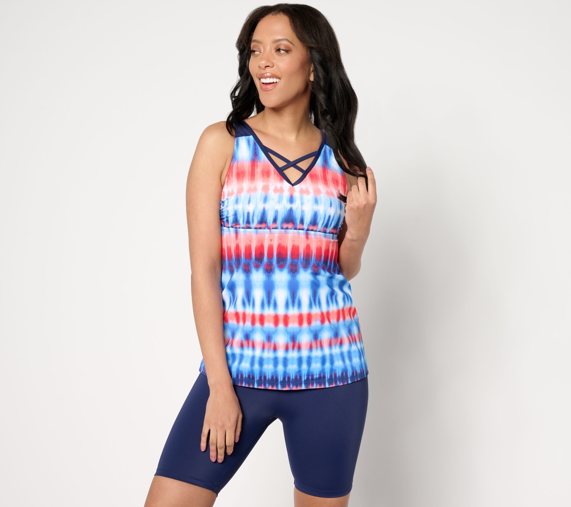 "As Is" Denim & Co. Beach Criss Cross Front Tankini with Swim Short