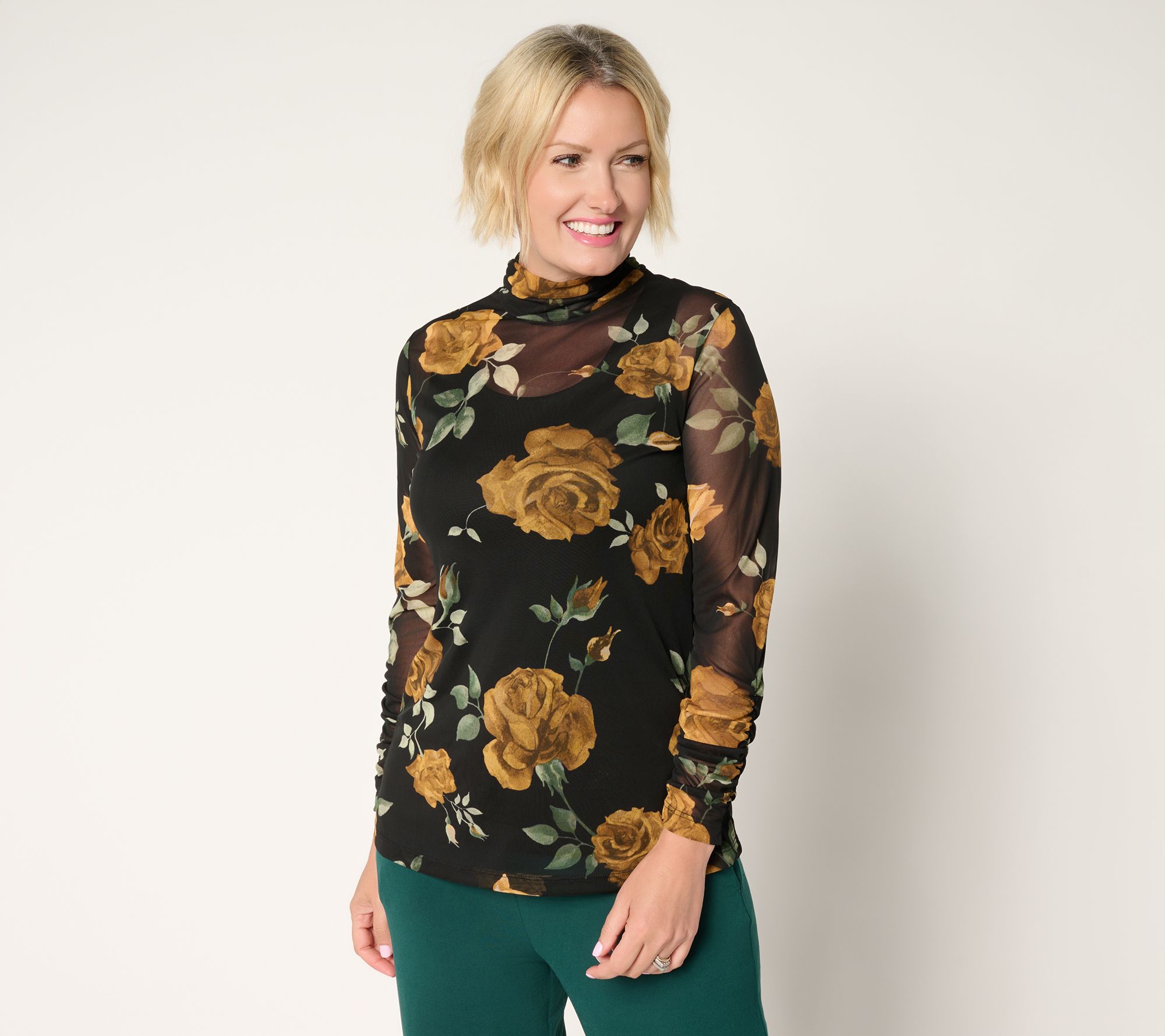 Susan Graver Printed Mesh Ruched Mock Neck Top with Tank