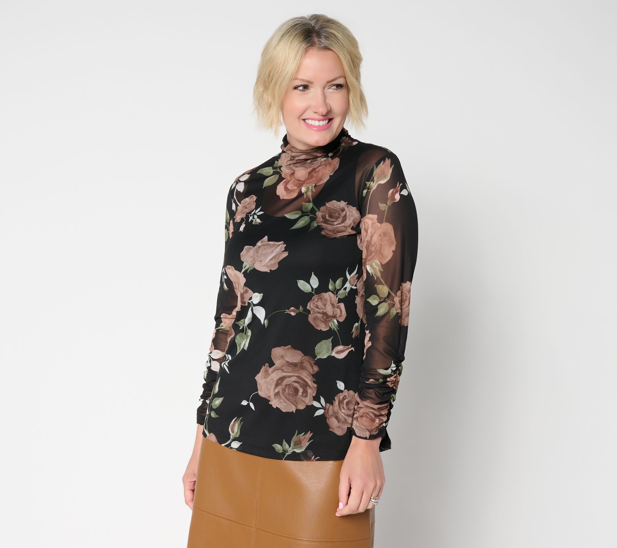 Susan Graver Printed Mesh Ruched Mock Neck Top with Tank