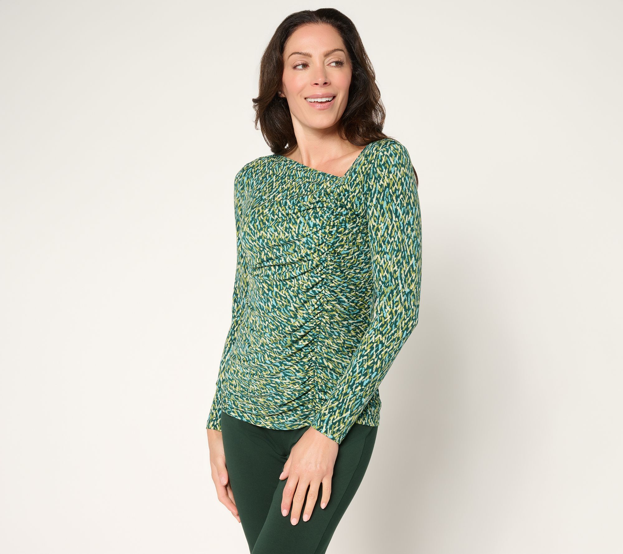 Susan Graver Printed Liquid Knit Asymmetrical Ruched Top