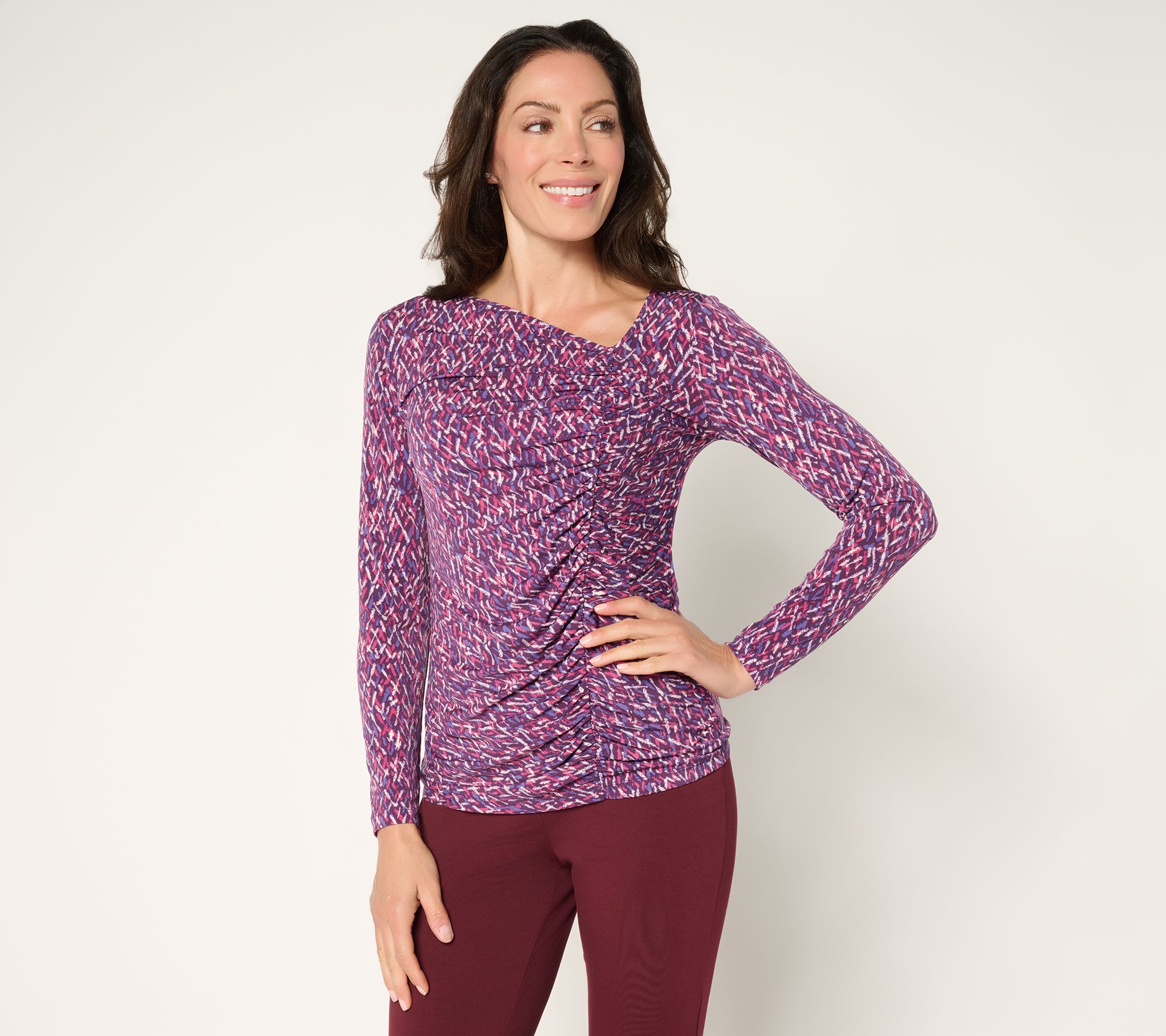 Susan Graver Printed Liquid Knit Asymmetrical Ruched Top