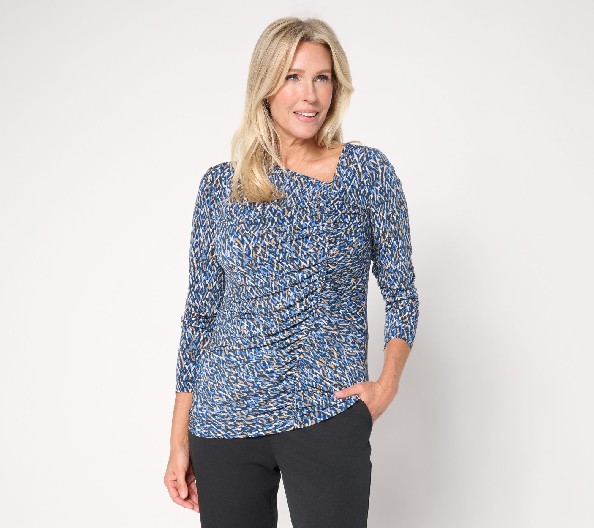 Susan Graver Printed Liquid Knit Asymmetrical Ruched Top