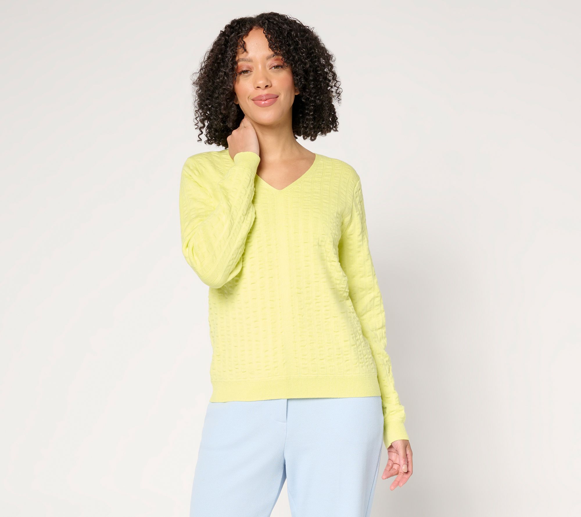 "As Is" Joan Rivers Cotton Seersucker V-Neck Sweater