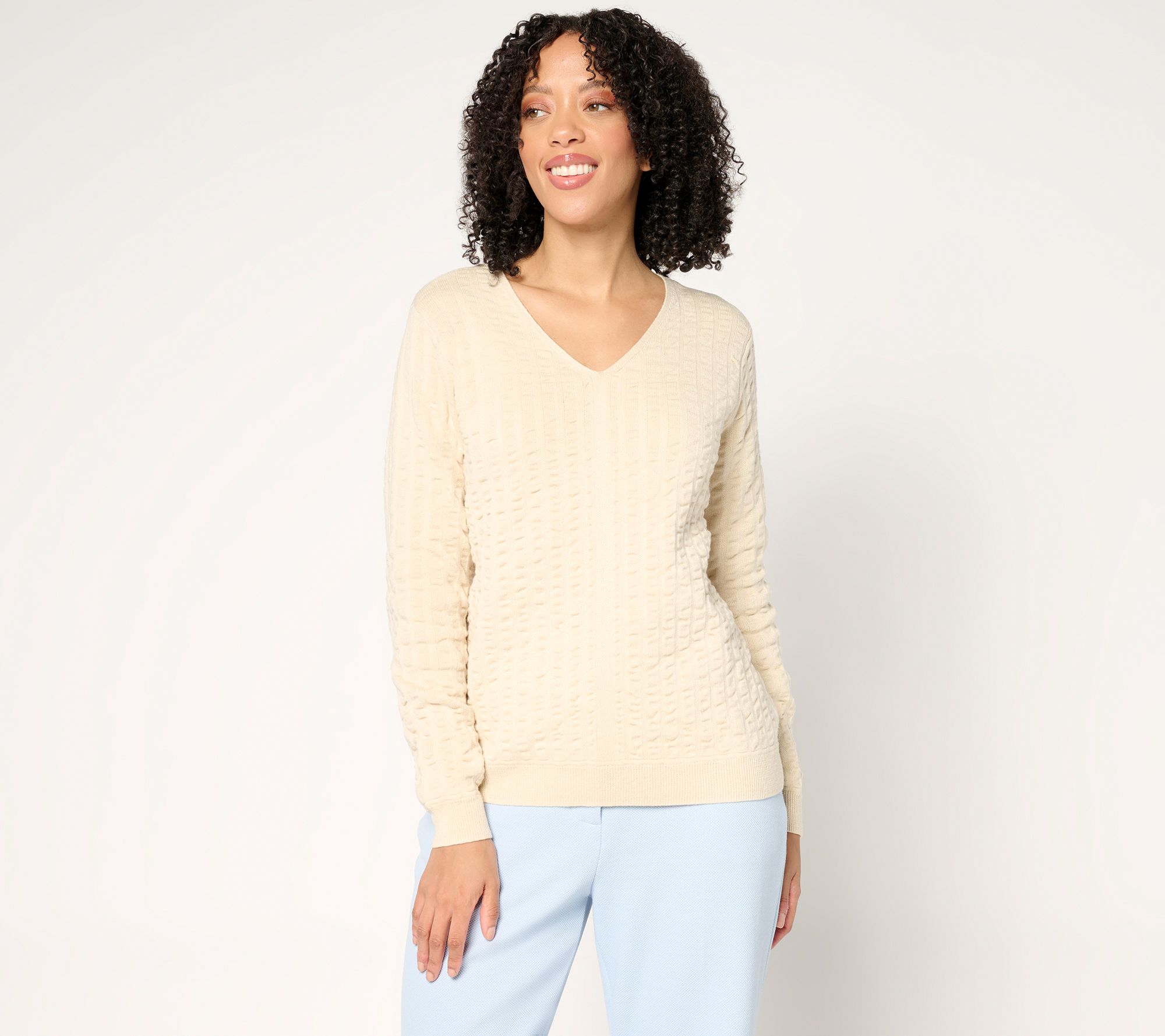 "As Is" Joan Rivers Cotton Seersucker V-Neck Sweater