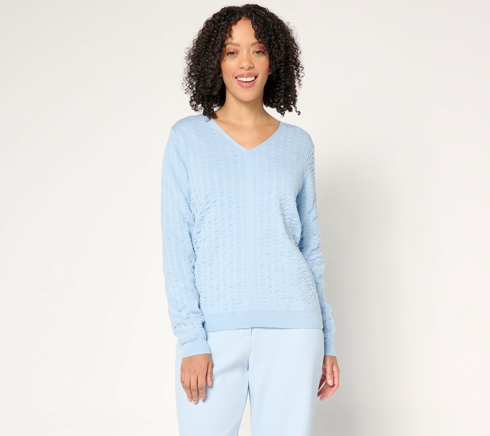 "As Is" Joan Rivers Cotton Seersucker V-Neck Sweater