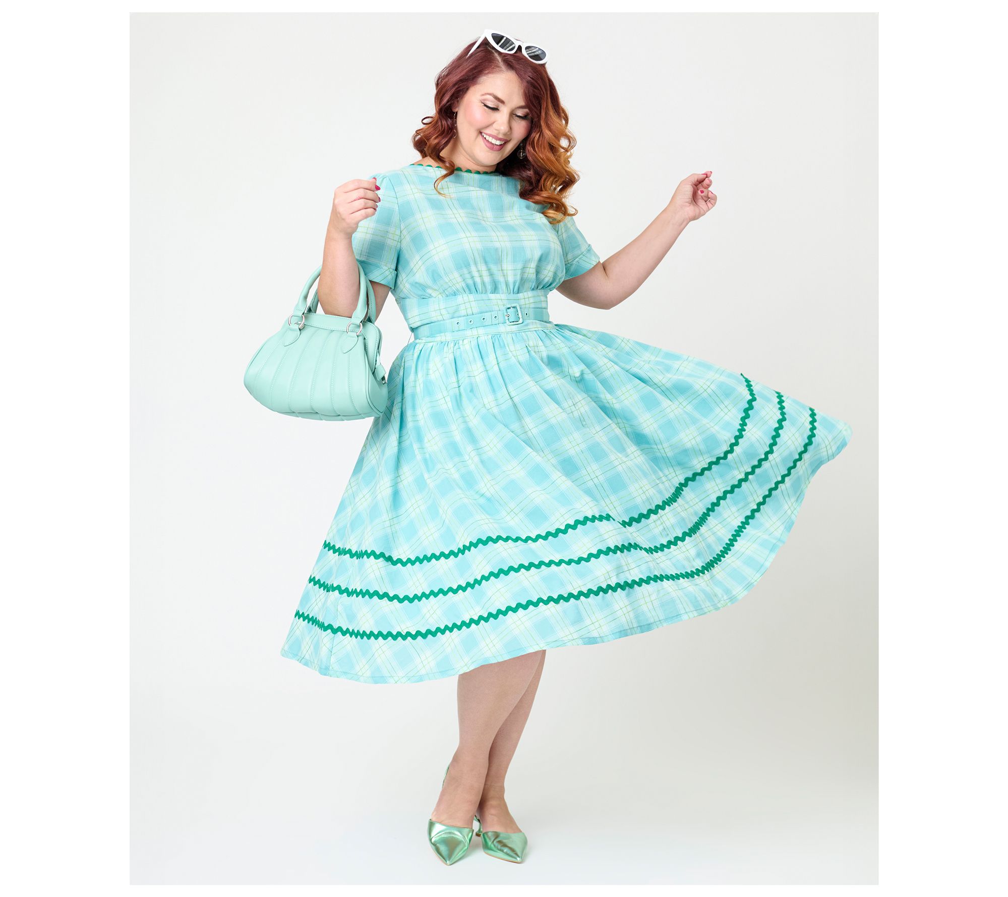 Unique Vintage Teal Plaid & Green Cotton SwingDress